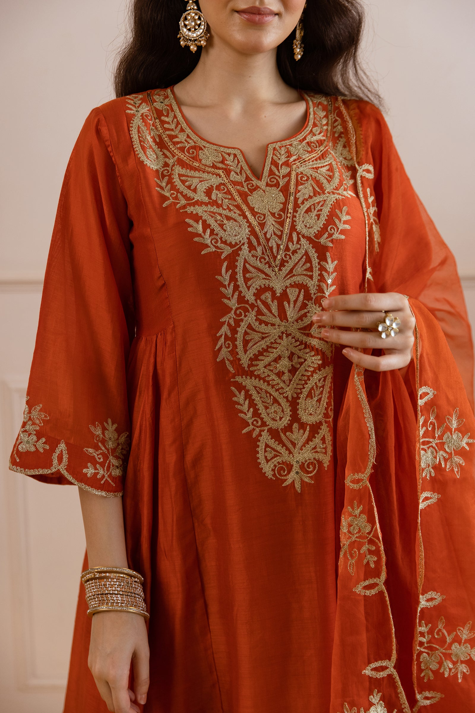 Rust Orange Chanderi Kurta Set With Organza Dupatta - Asrumo