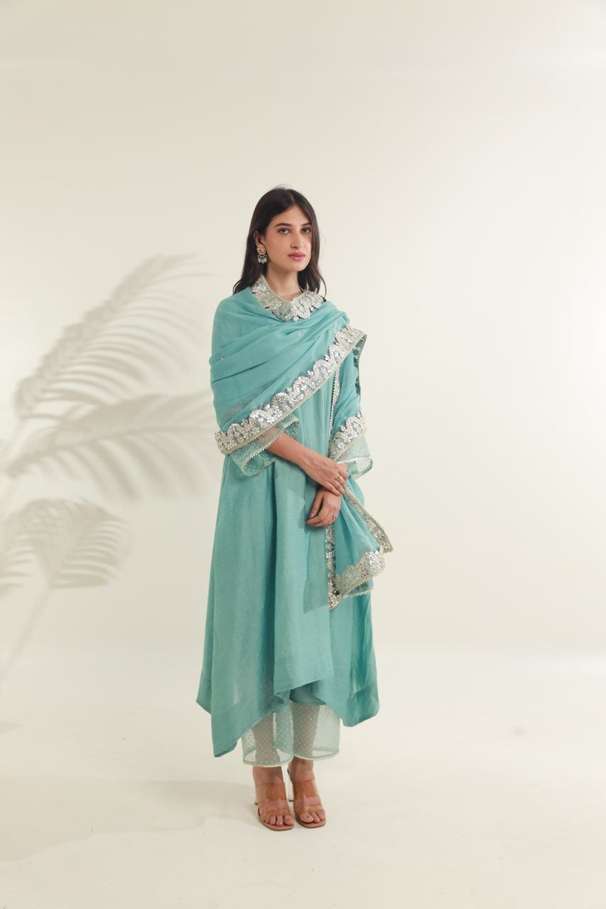 Mint Green Chanderi Straight  Set Asrumo