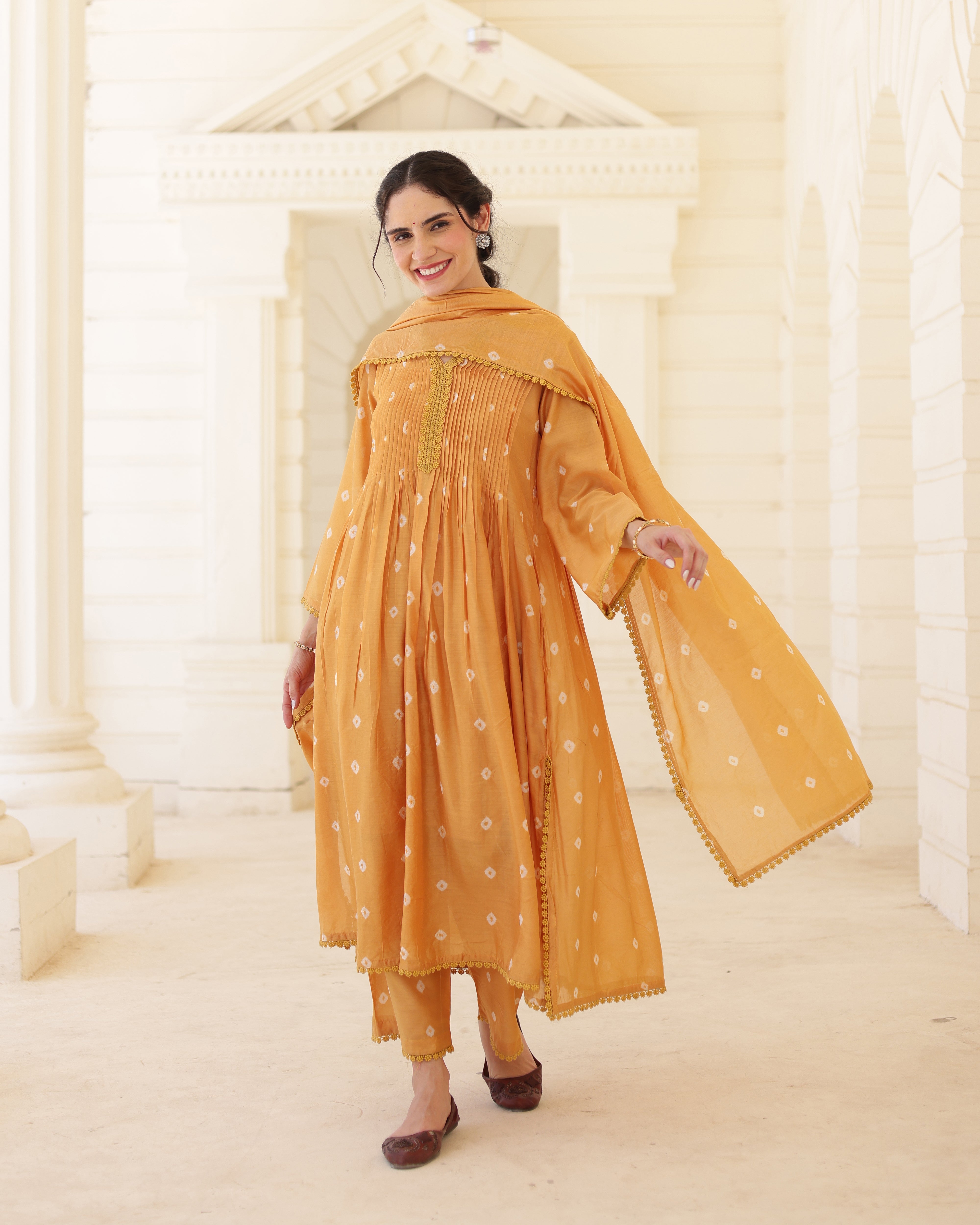 Solara Mustard Yellow Chanderi Hand Bandhej Suit Set with Dupatta