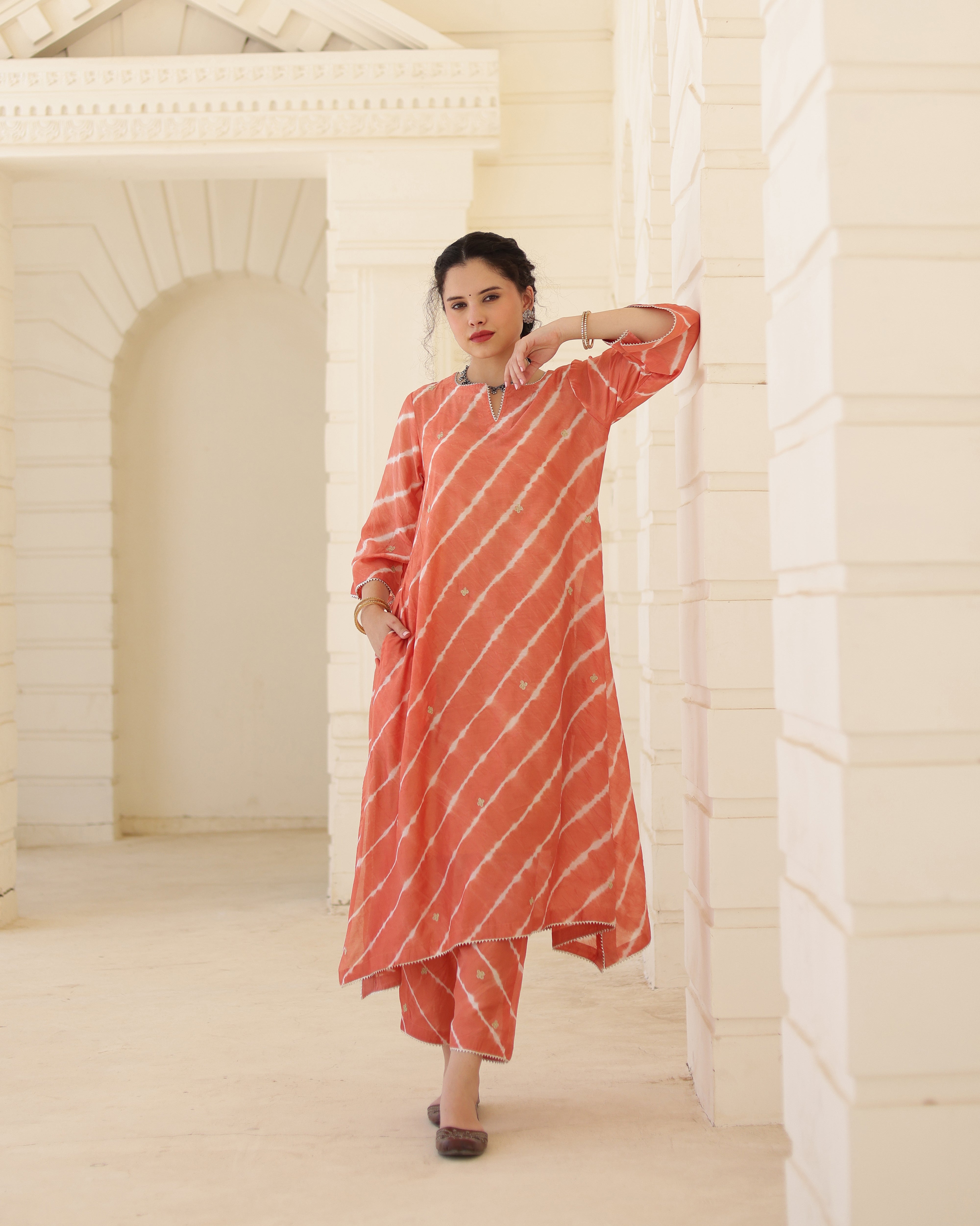 Terracotta Chanderi Hand Dyed Leheriya Kurta Set with Zari Embroidery