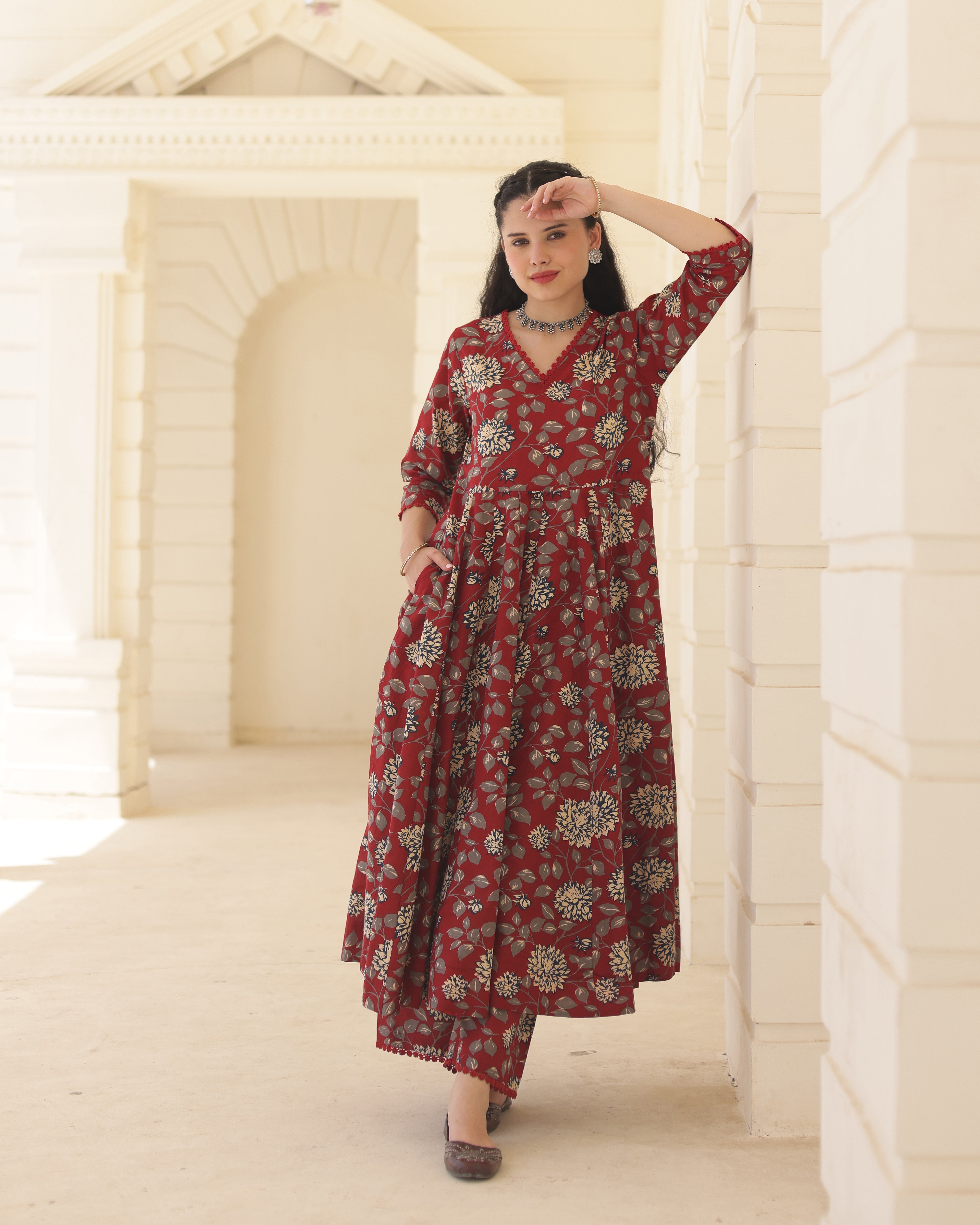 Handblock Crimson Cotton Anarkali Suit Set with Kota Doria Dupatta