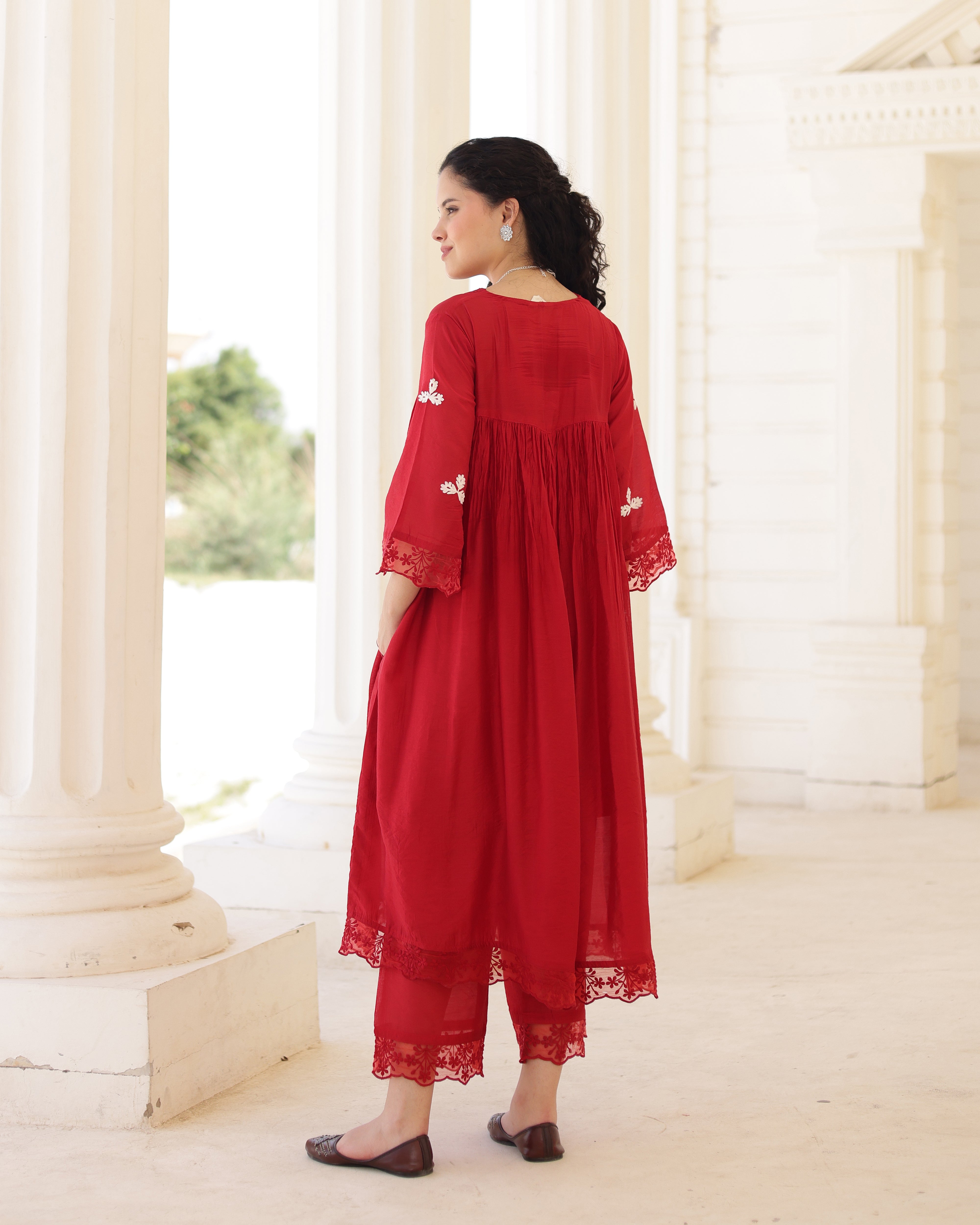 Rouge Ruby Red Chanderi Aari Embroidered Kurta Palazzo Set with Dupatta