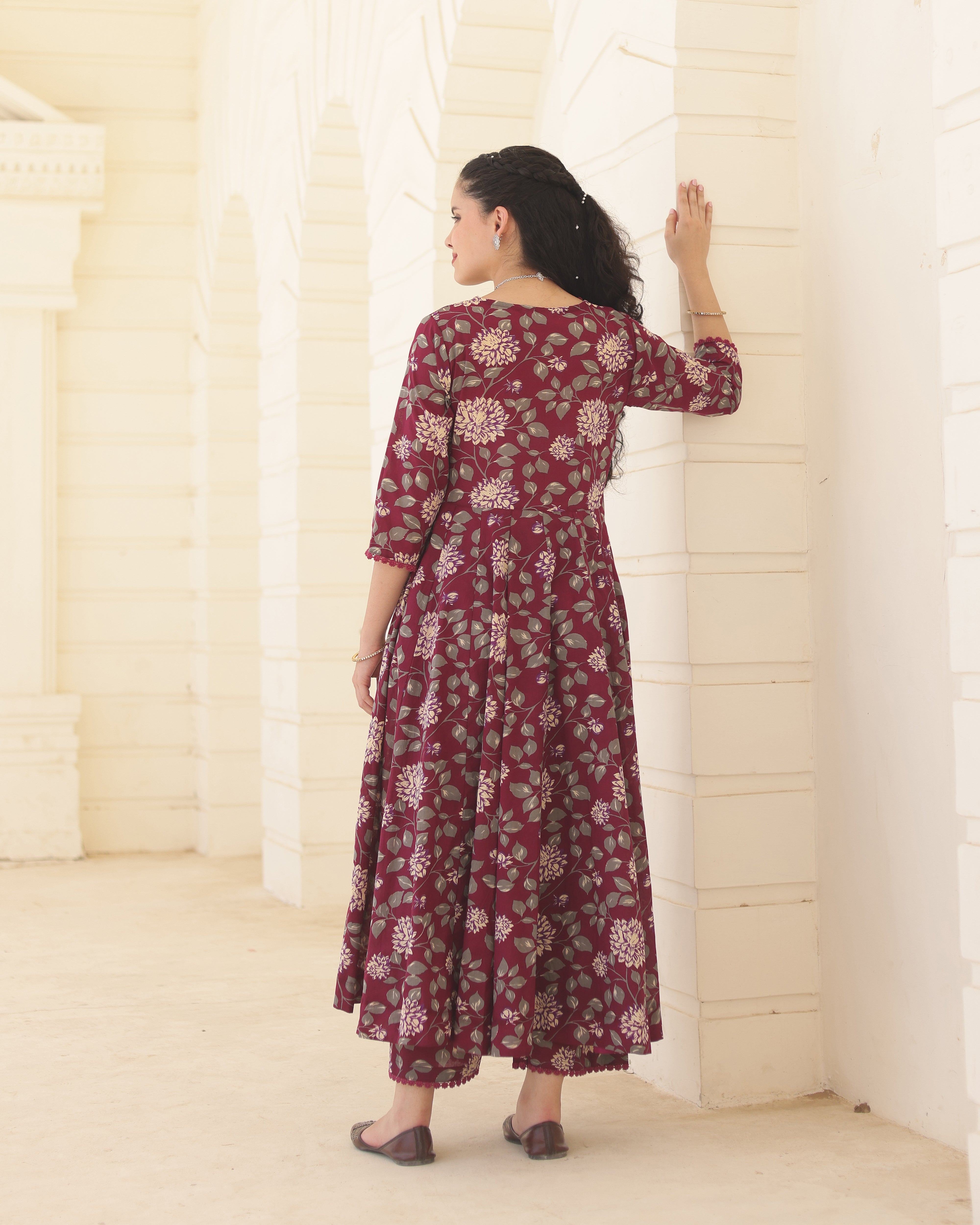 Burgundy Bloom Handblock Cotton Floral Anarkali Suit Set with Doriya Dupatta