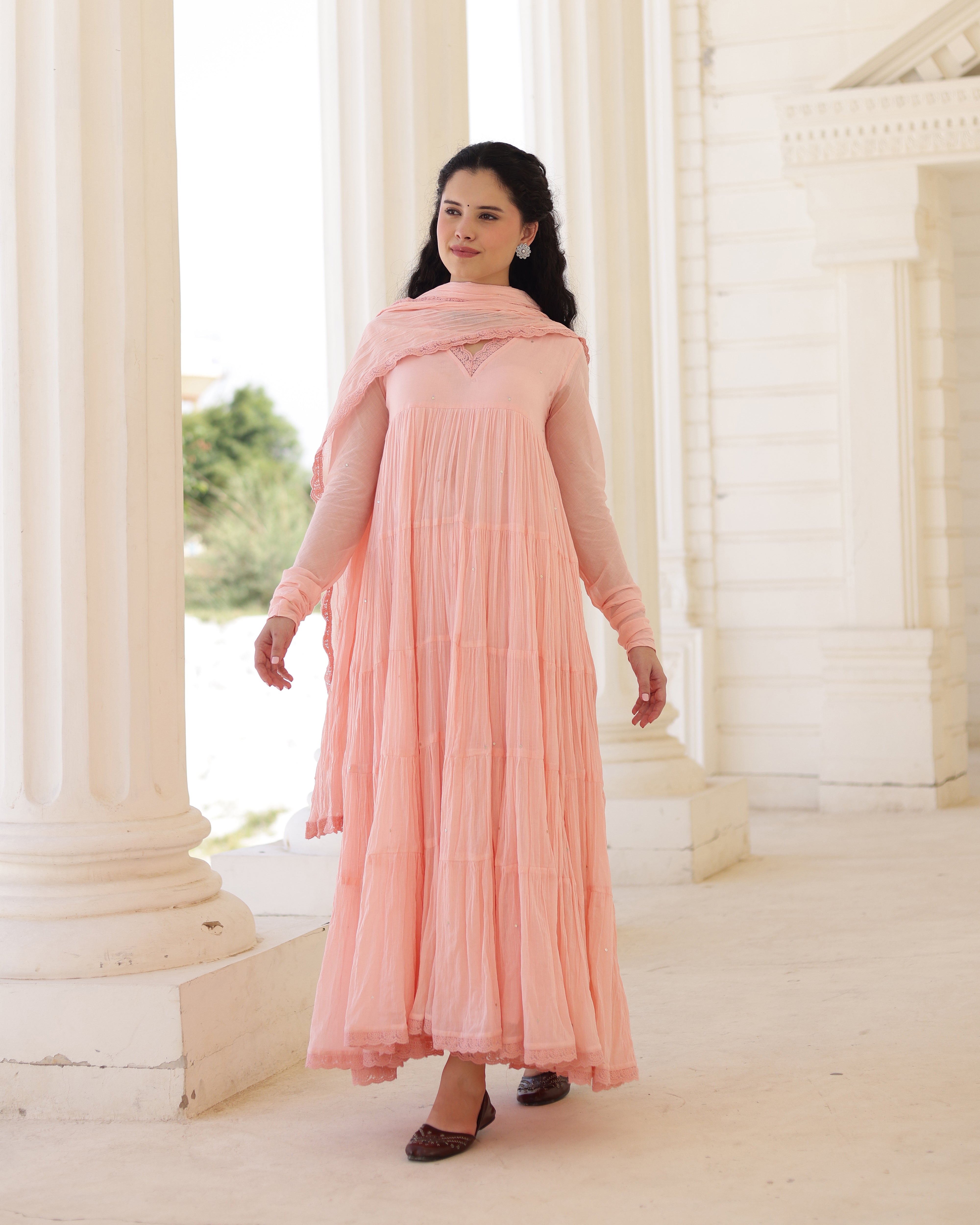 Roselle Blush Peach Cotton Mulmul Tiered Anarkali Suit Set with Dupatta