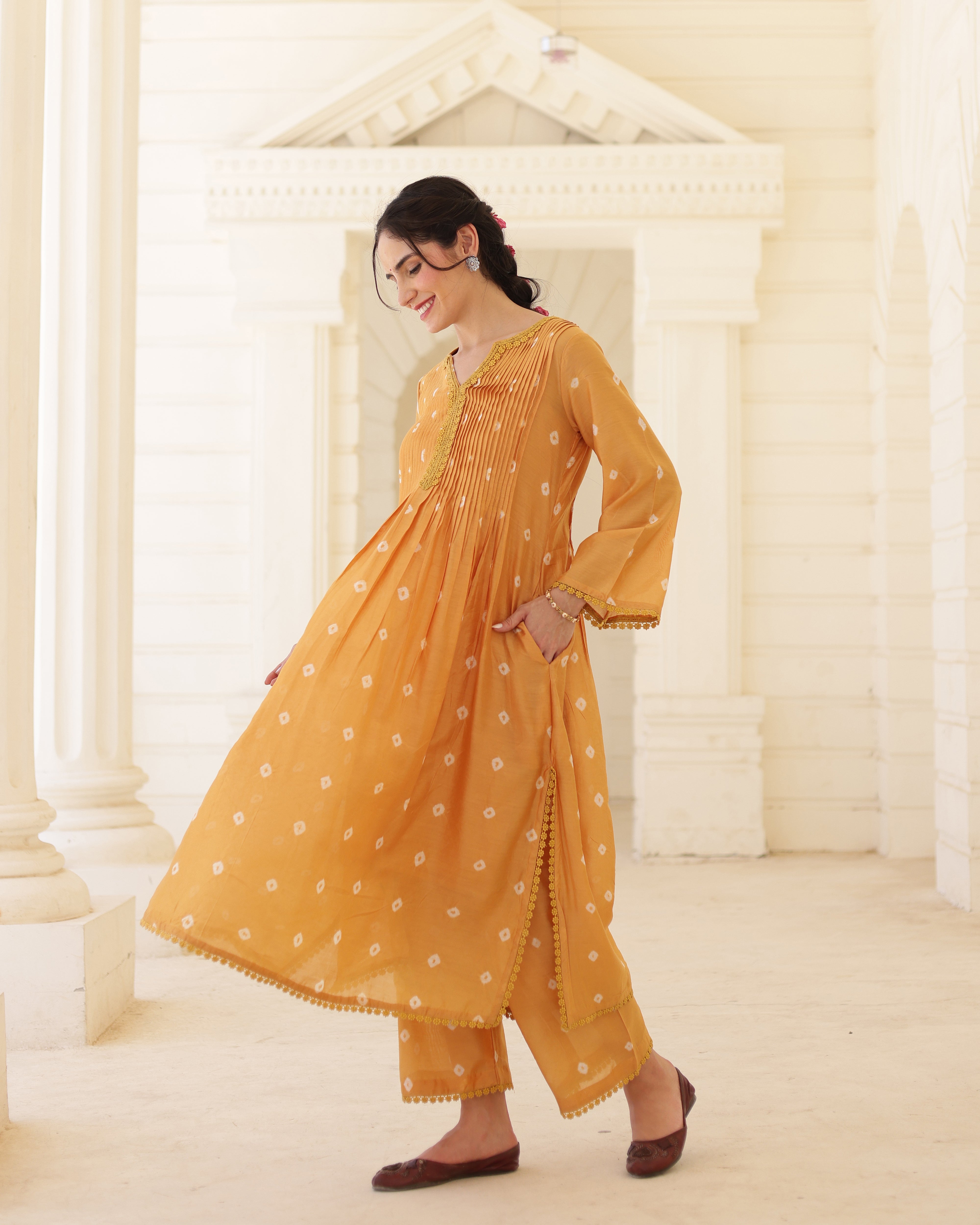 Solara Mustard Yellow Chanderi Hand Bandhej Suit Set with Dupatta