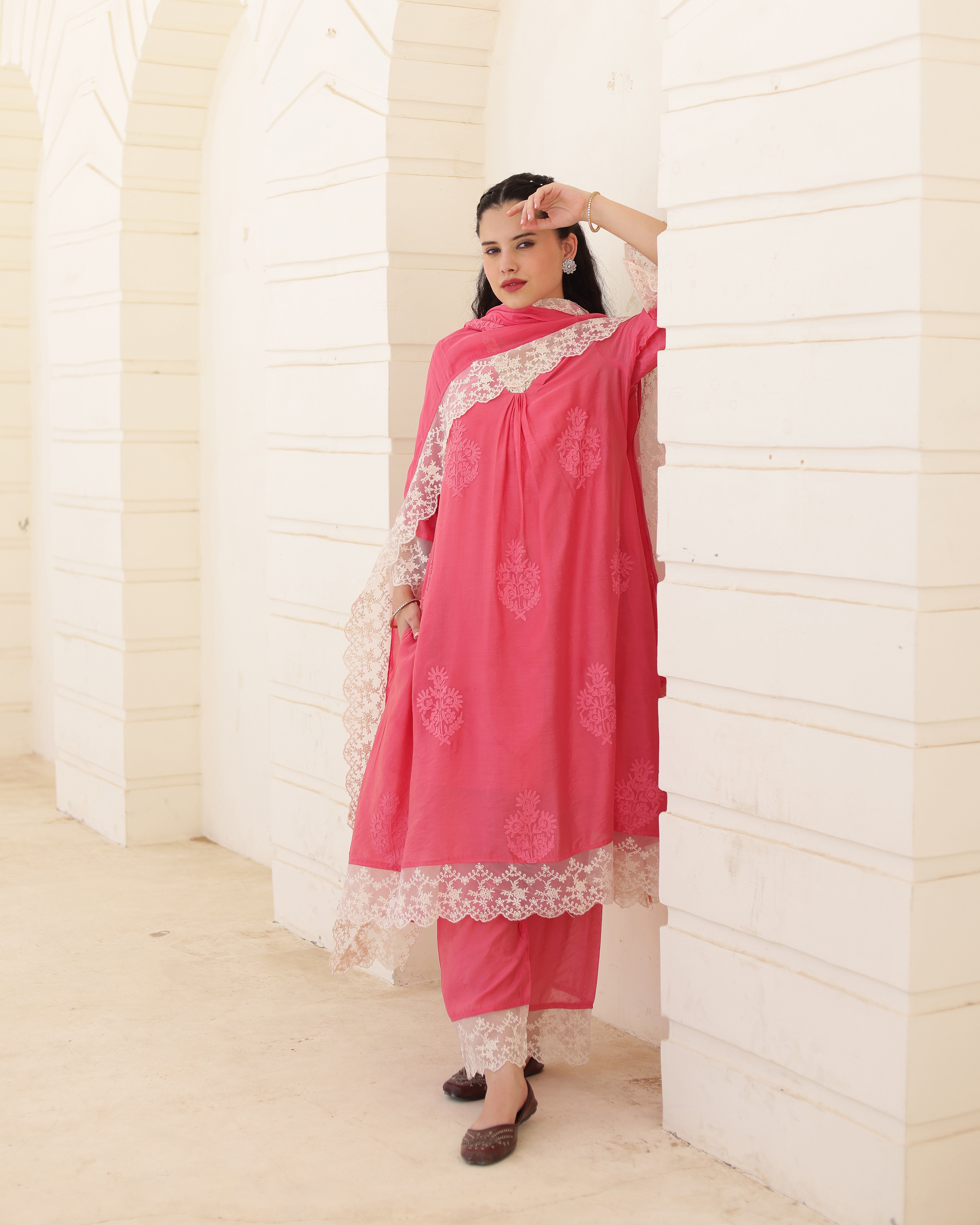 Roséline Pink Chanderi Aari Embroidered Suit Set with Lace Dupatta