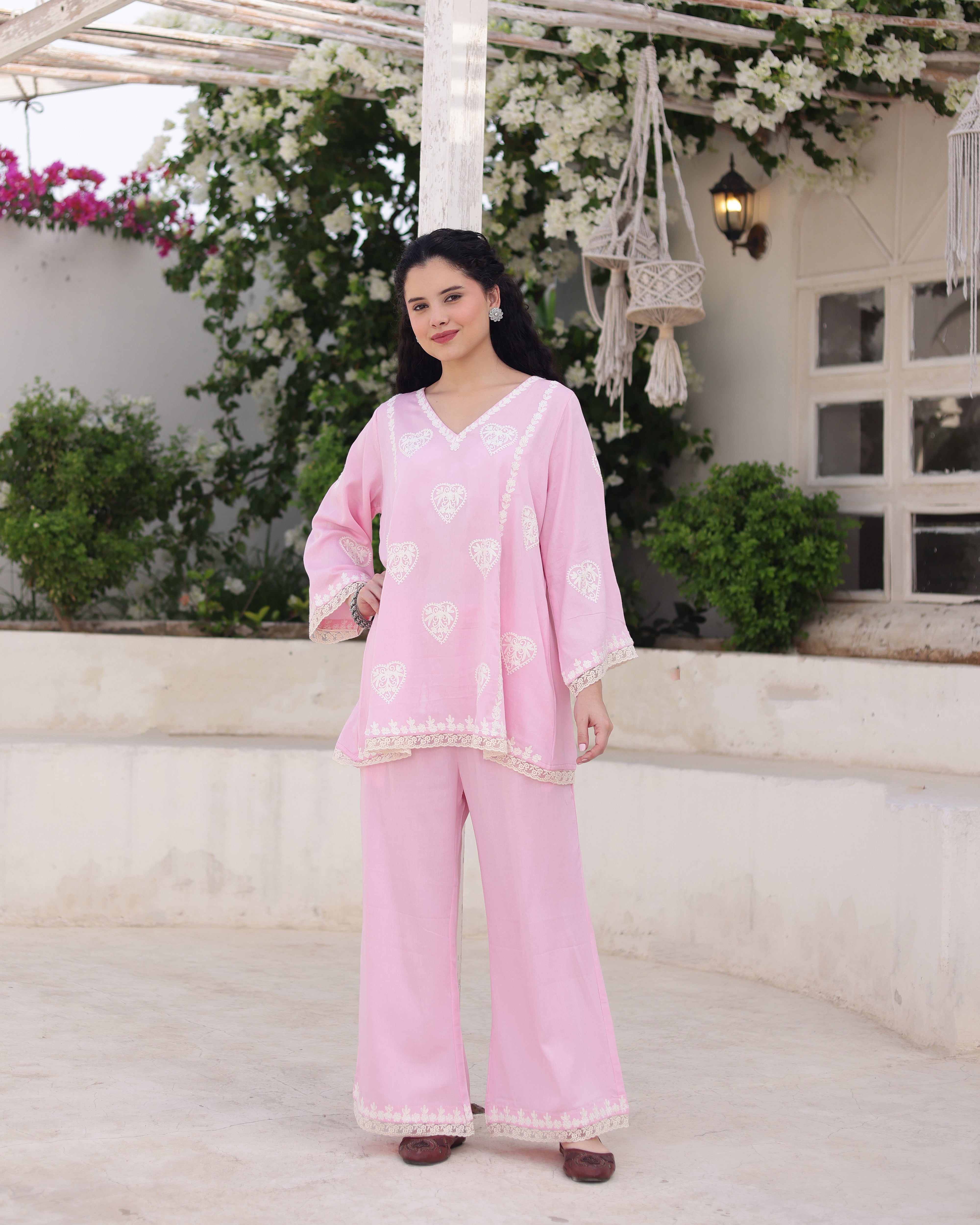 Gulzaar Blush Pink Cotton Satin Aari Embroidered Kurta Palazzo Set
