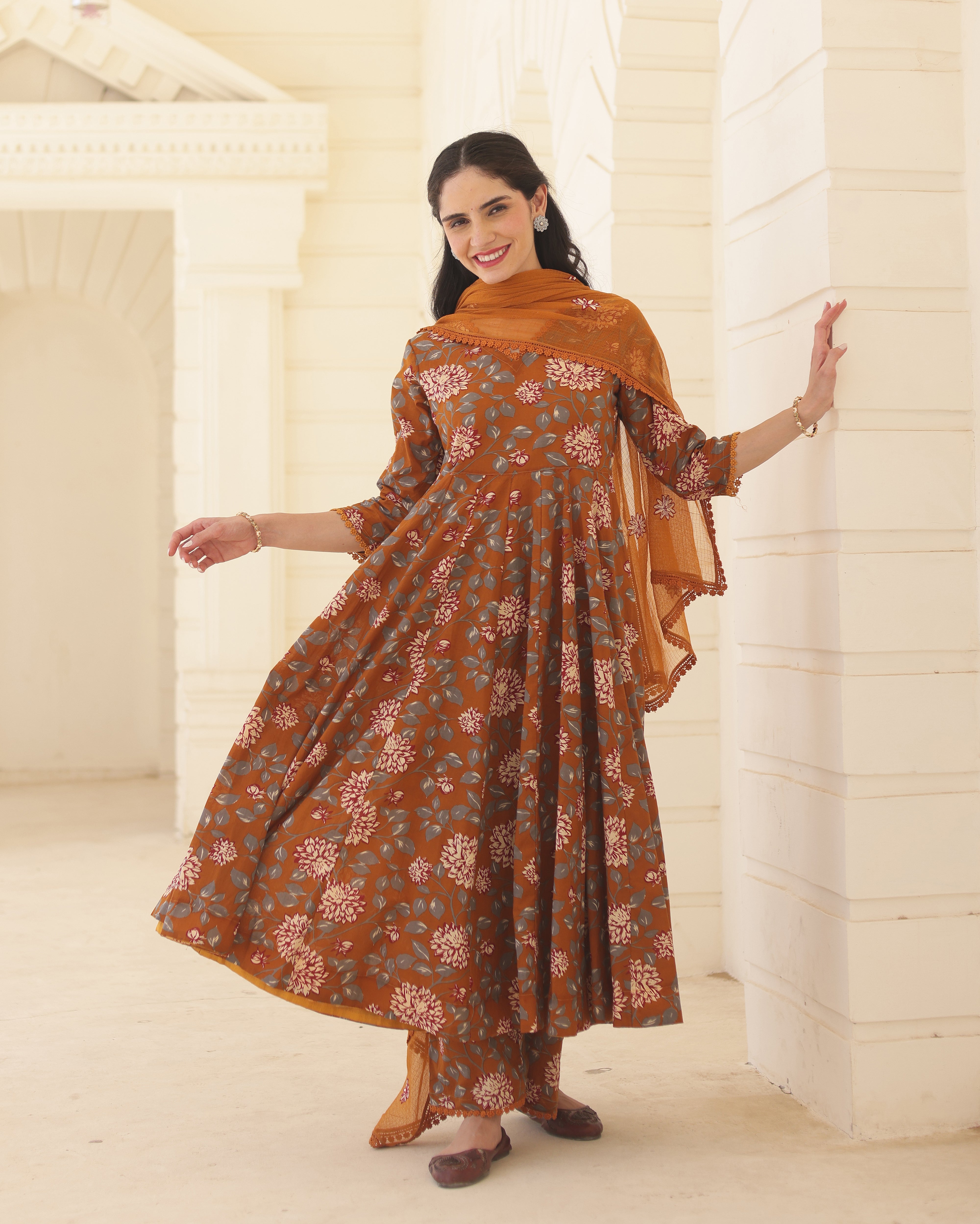 Amber Handblock Cotton Floral Anarkali Suit Set with Doriya Dupatta