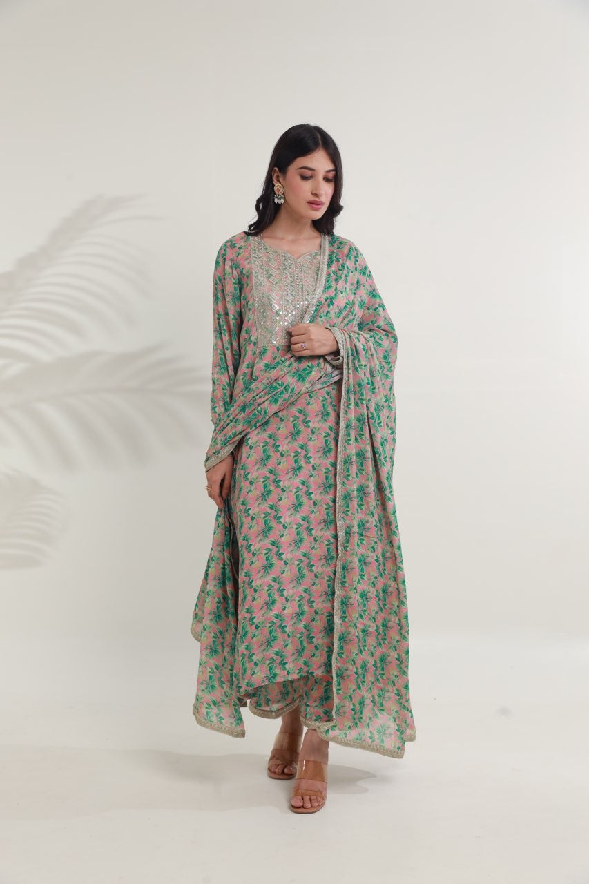 Green pink floral digital print viscose chinon kurta set Asrumo