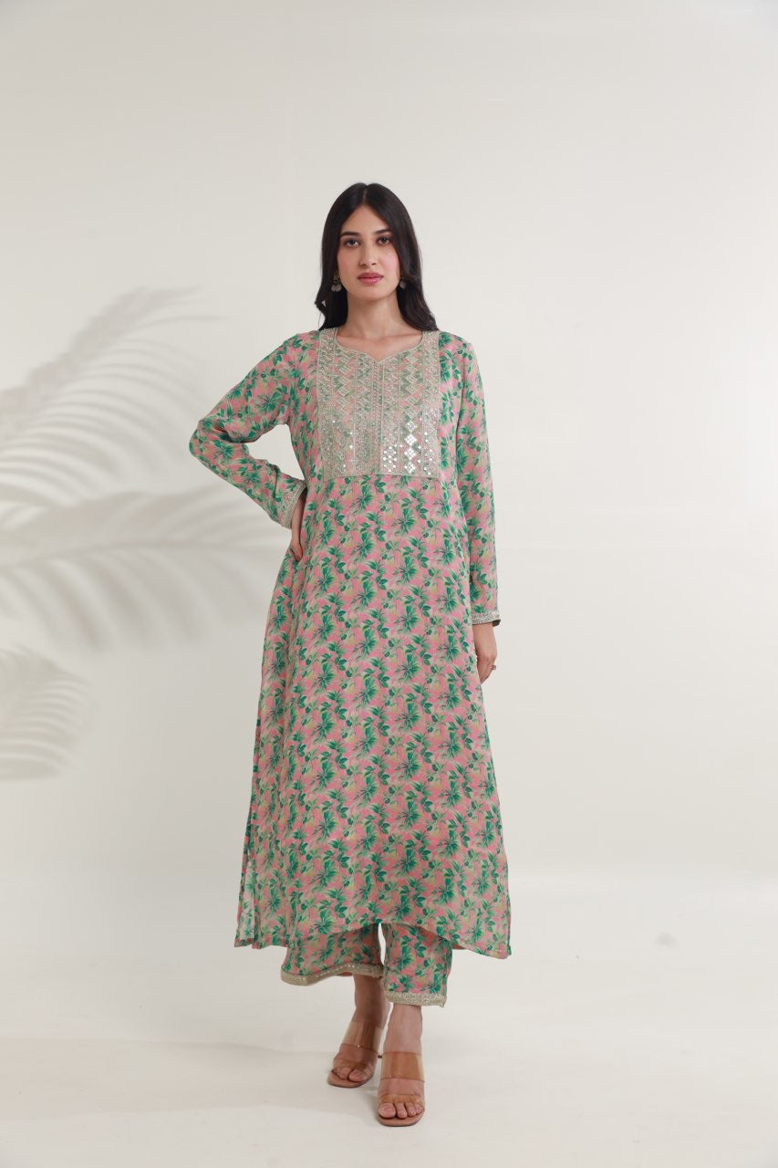 Green pink floral digital print viscose chinon kurta set Asrumo