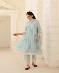 Liora Powder Blue Chanderi Aari Embroidered Suit Set with Lace Dupatta