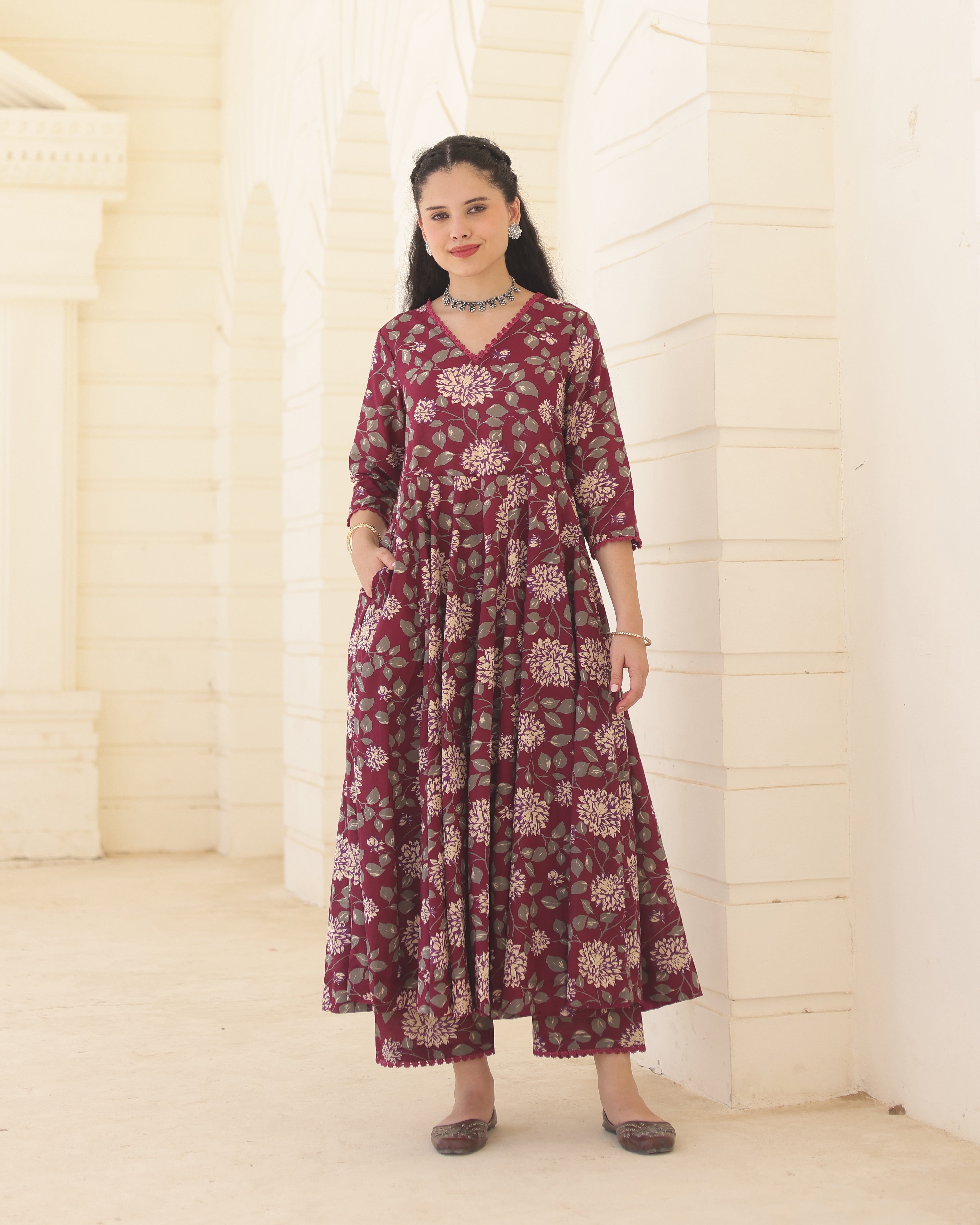 Burgundy Bloom Handblock Cotton Floral Anarkali Suit Set with Doriya Dupatta