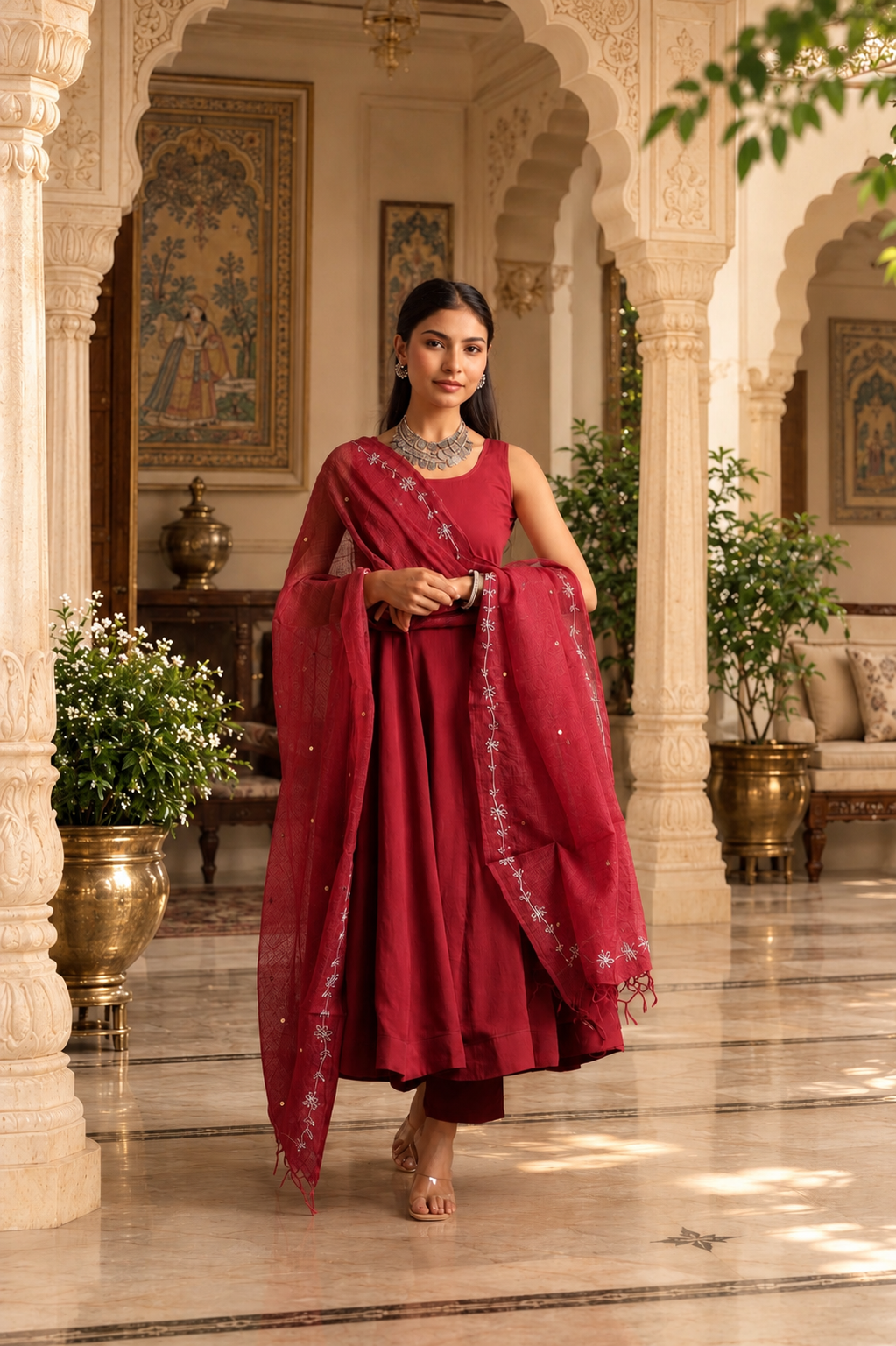 Maroon Mulmul Anarkali Set With Taari And Zari Embroidred Doriya Dupatta