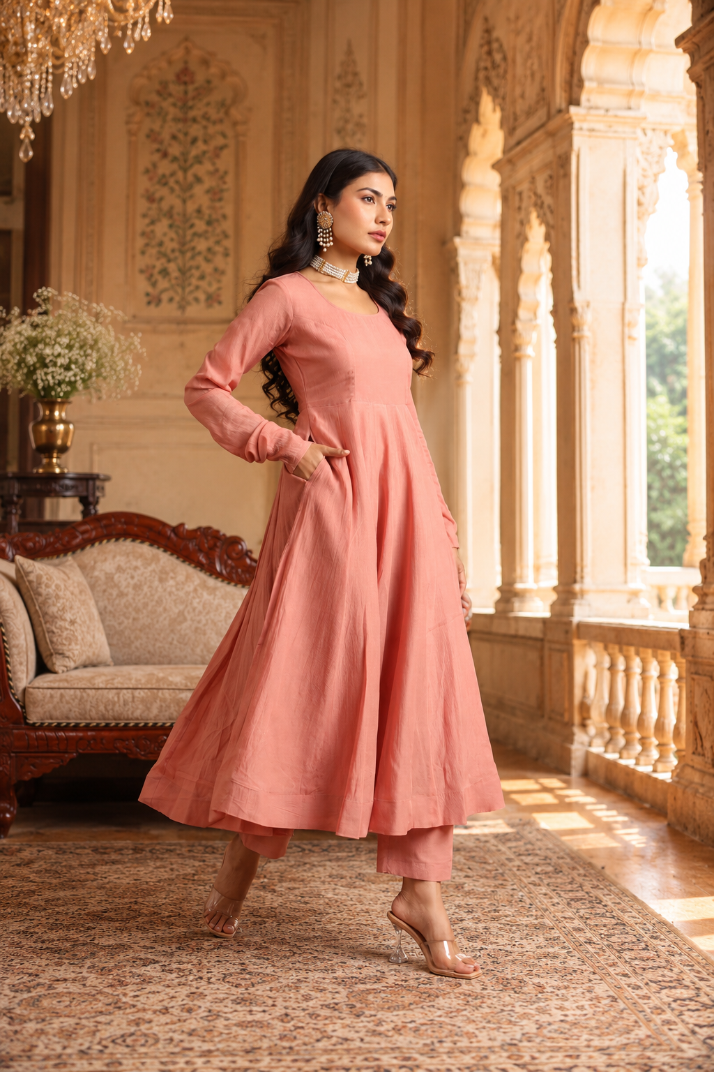 Rosewood Bloom - Mul Chanderi Anarkali Set With Matching Organza Dupatta
