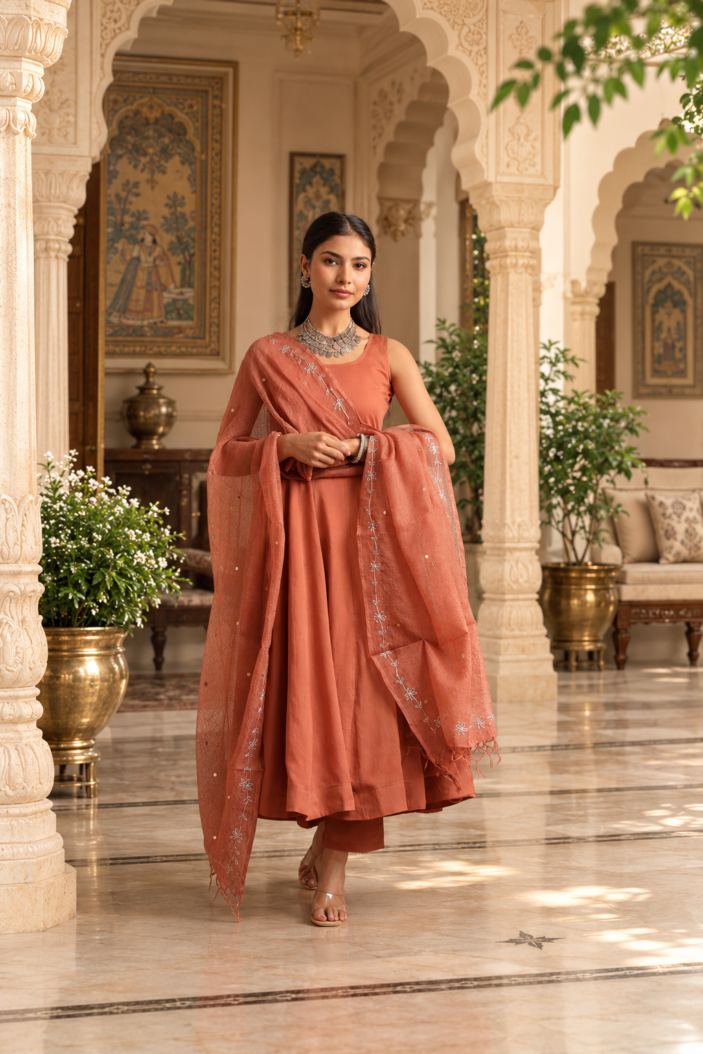 Brown Mulmul Anarkali Set With Taari And Zari Embroidred Doriya Dupatta
