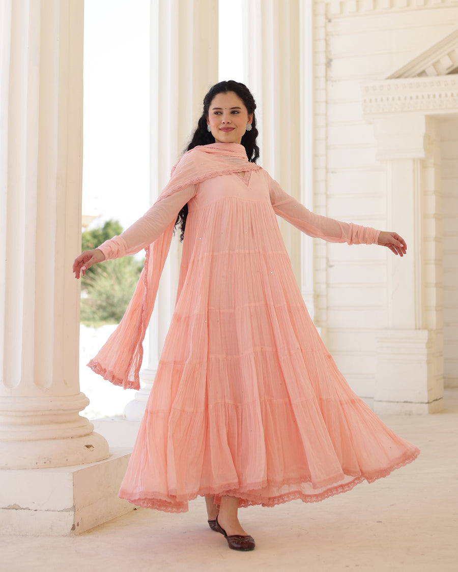 Roselle Blush Peach Cotton Mulmul Tiered Anarkali Suit Set with Dupatta