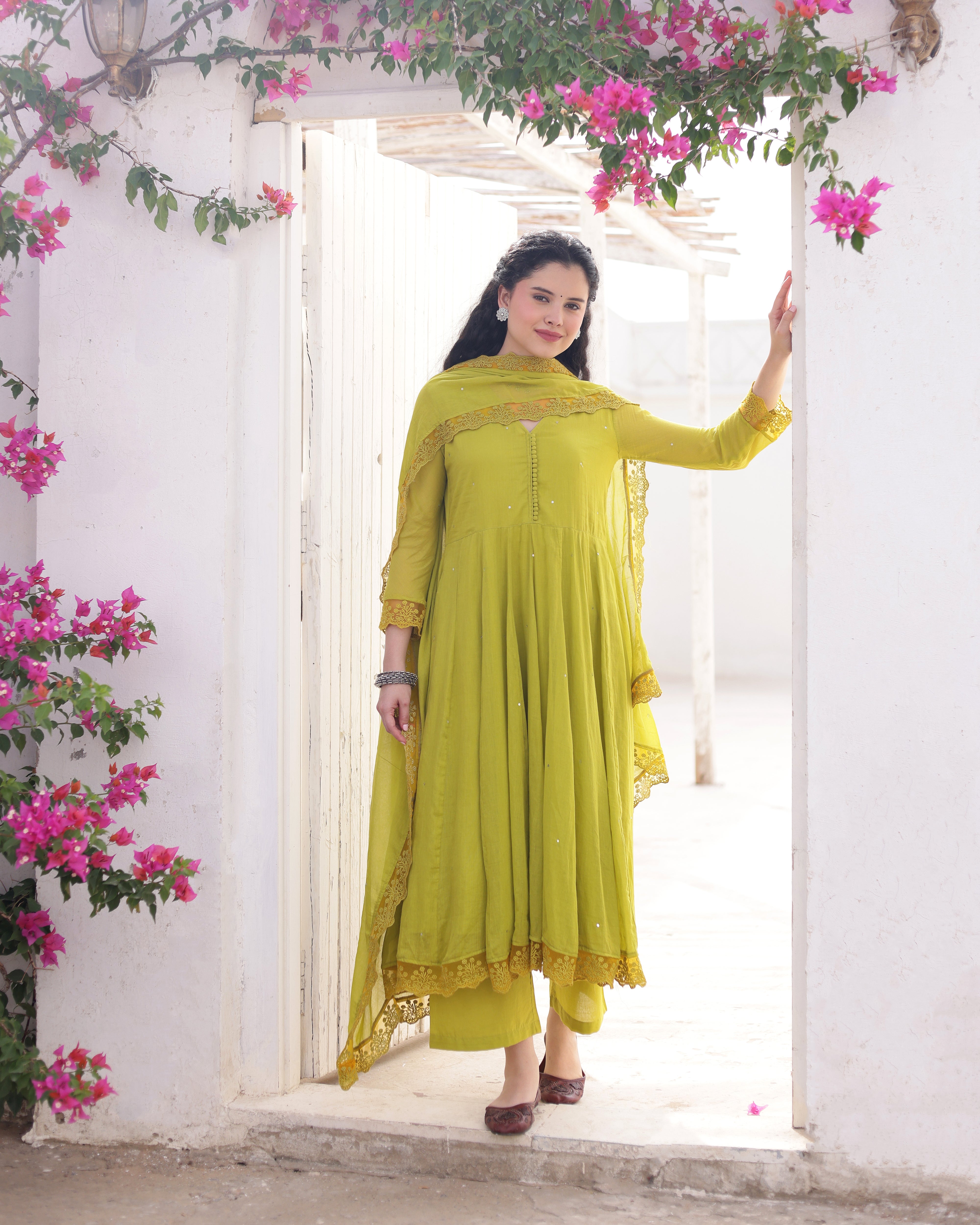 Zariya Pistachio Cotton Mulmul Taari Embroidered Anarkali Suit Set