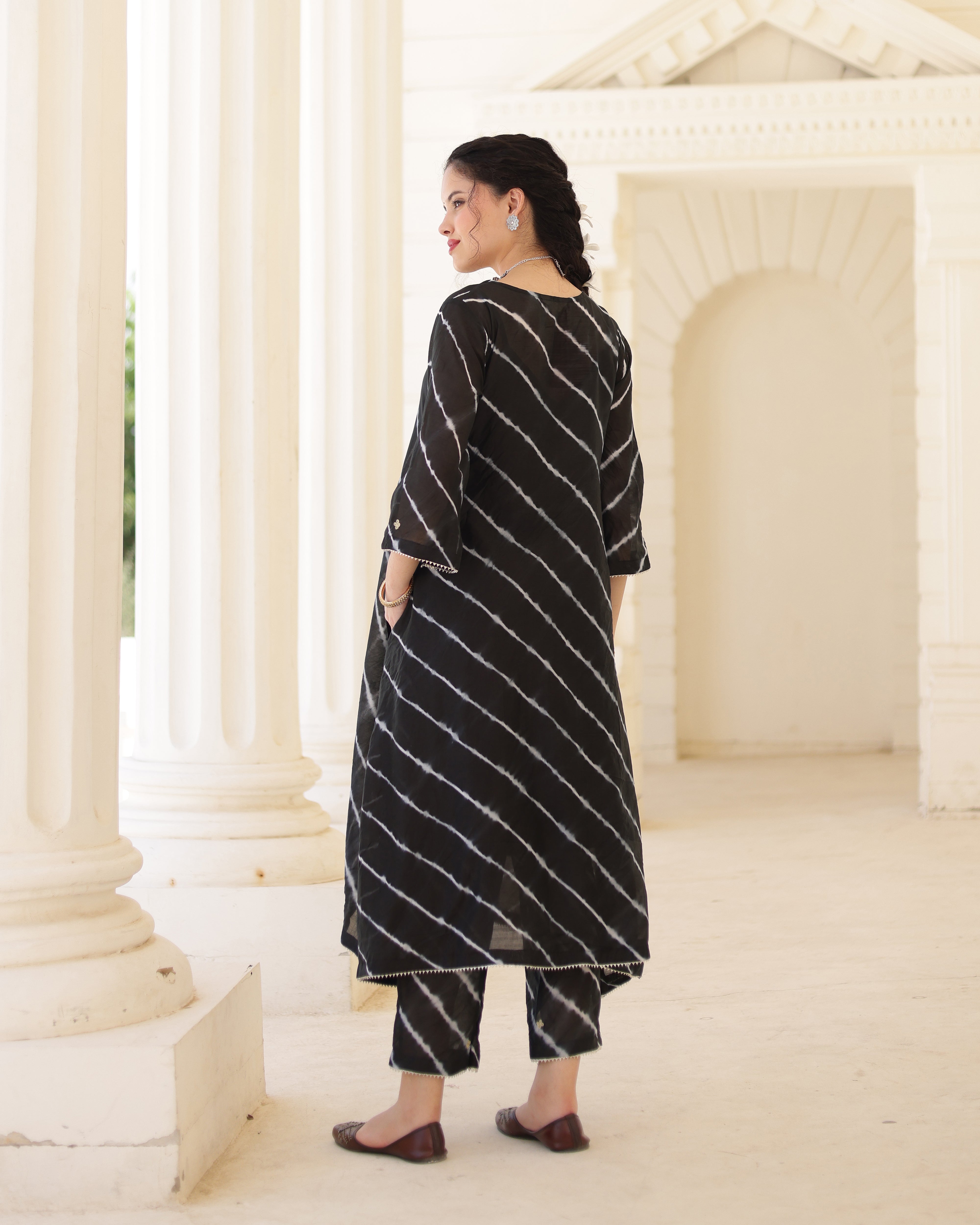 Nero Black Chanderi Hand Dyed Leheriya Kurta Set with Zari Aari Embroidery