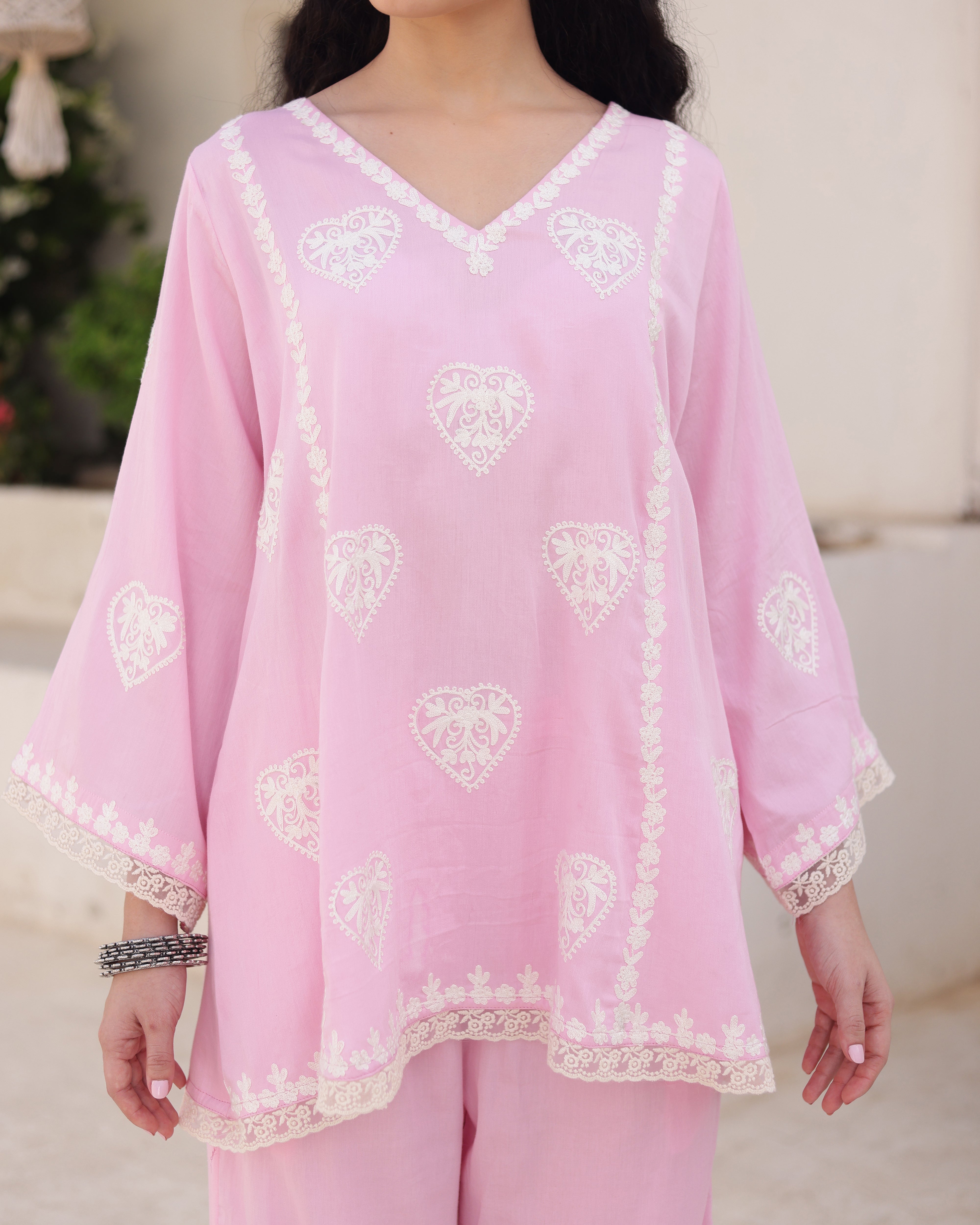 Gulzaar Blush Pink Cotton Satin Aari Embroidered Kurta Palazzo Set