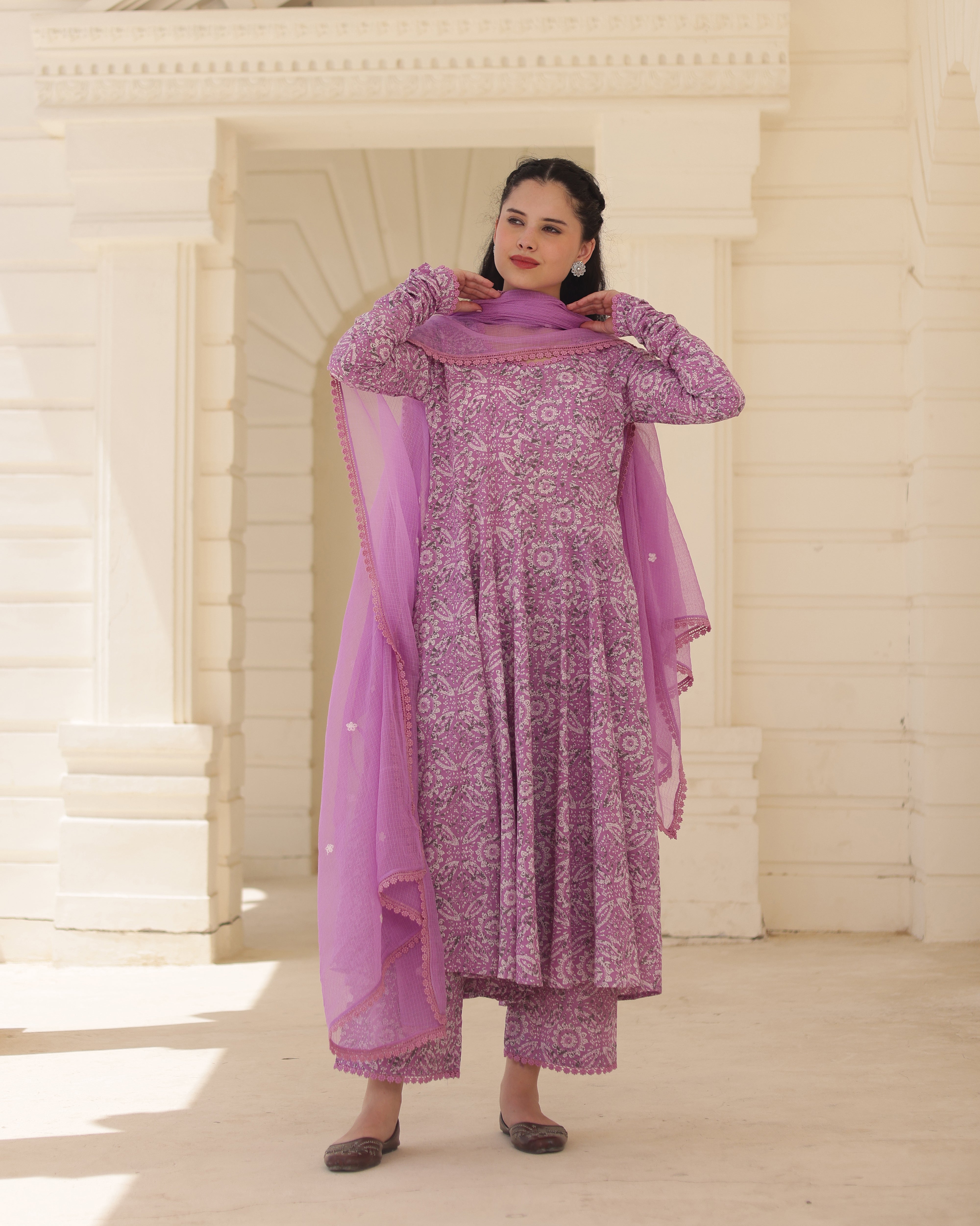 Handblock Lavender heritage Cotton Suit Set with Kota Doria Dupatta