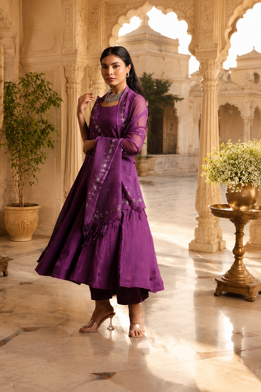 Voilet Mulmul Anarkali Set With Taari And Zari Embroidred Doriya Dupatta