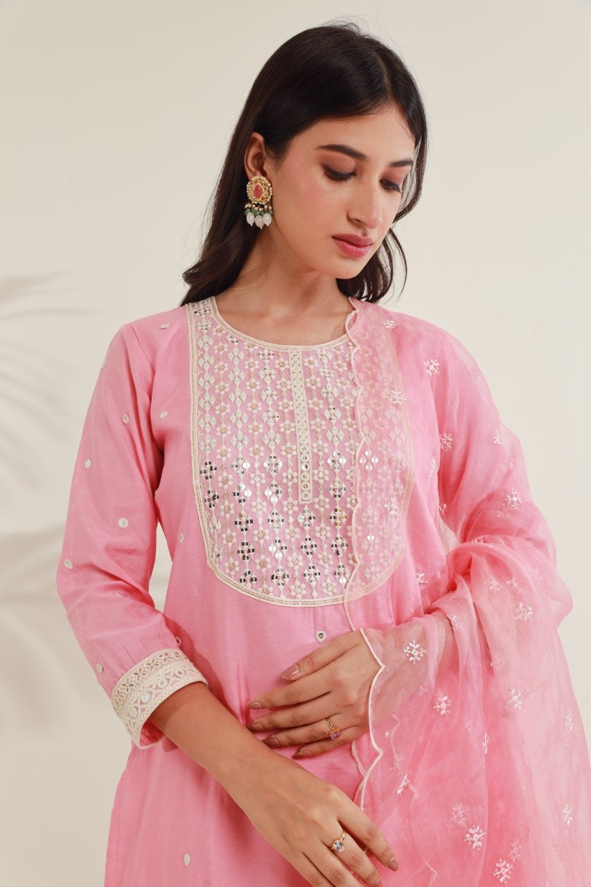 Pink MirrorWork  Chanderi Straight  Set Asrumo