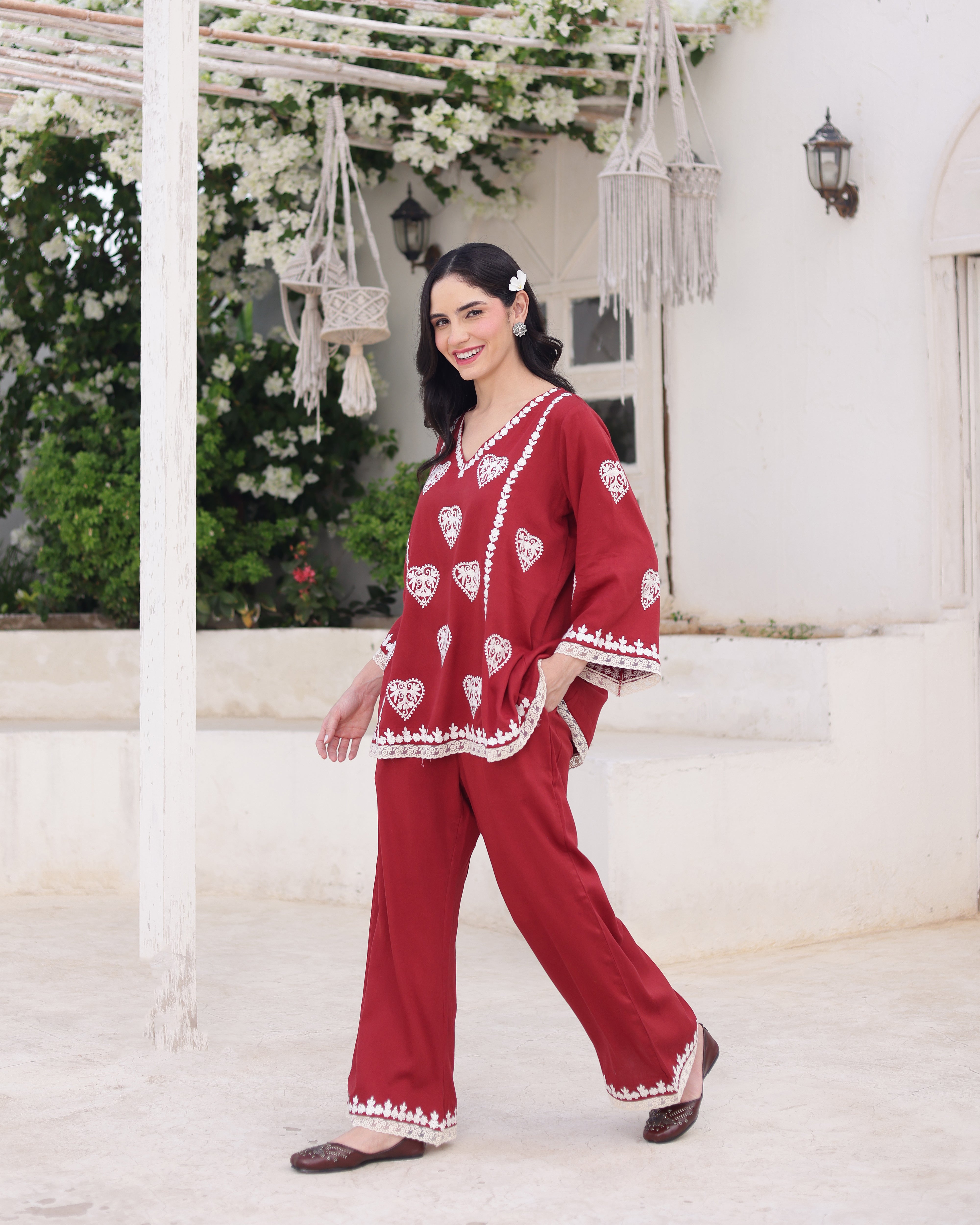 Aarzoo Red Cotton Satin Aari Embroidered Kurta Palazzo Set