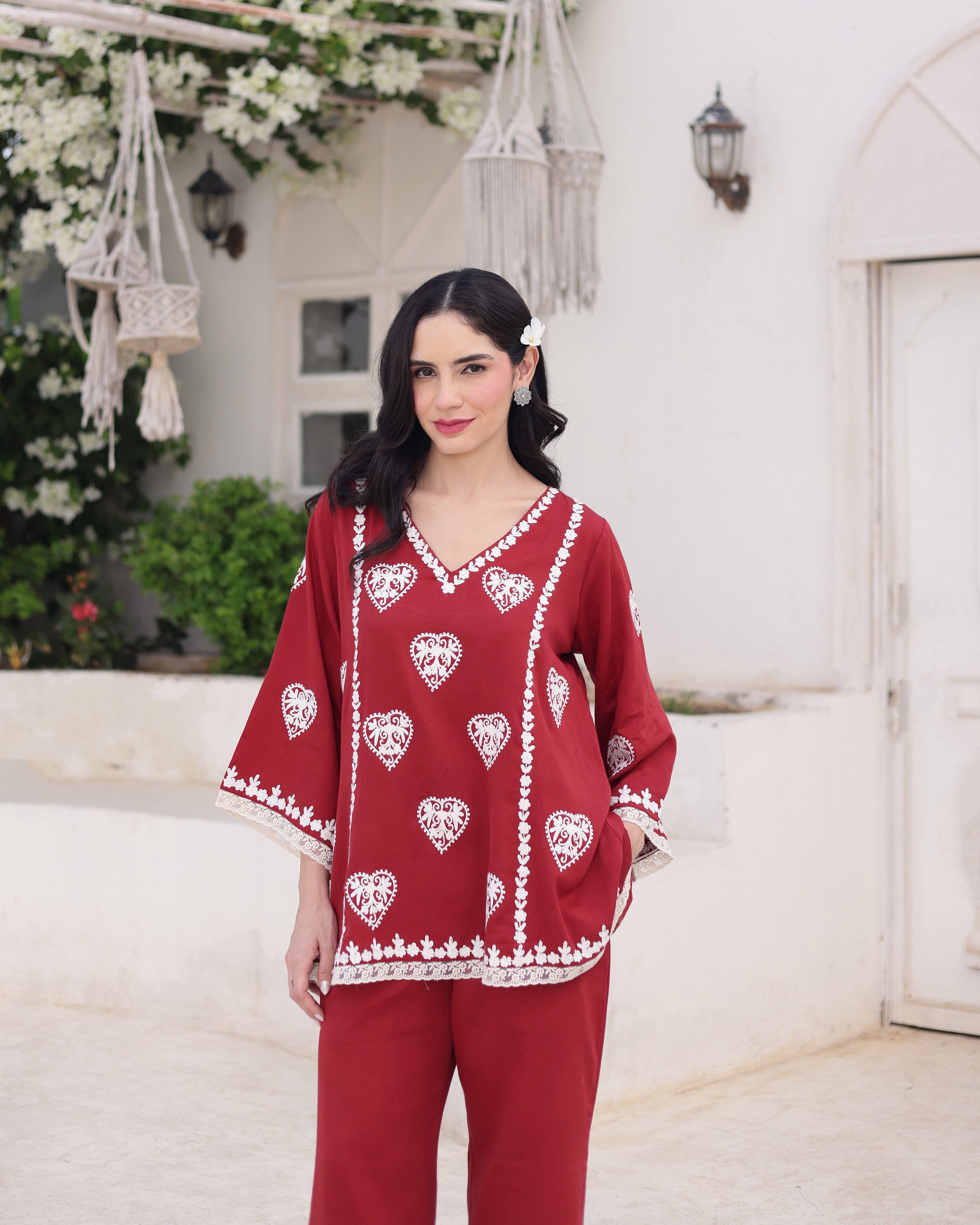 Aarzoo Red Cotton Satin Aari Embroidered Kurta Palazzo Set