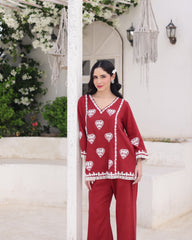 Aarzoo Red Cotton Satin Aari Embroidered Kurta Palazzo Set