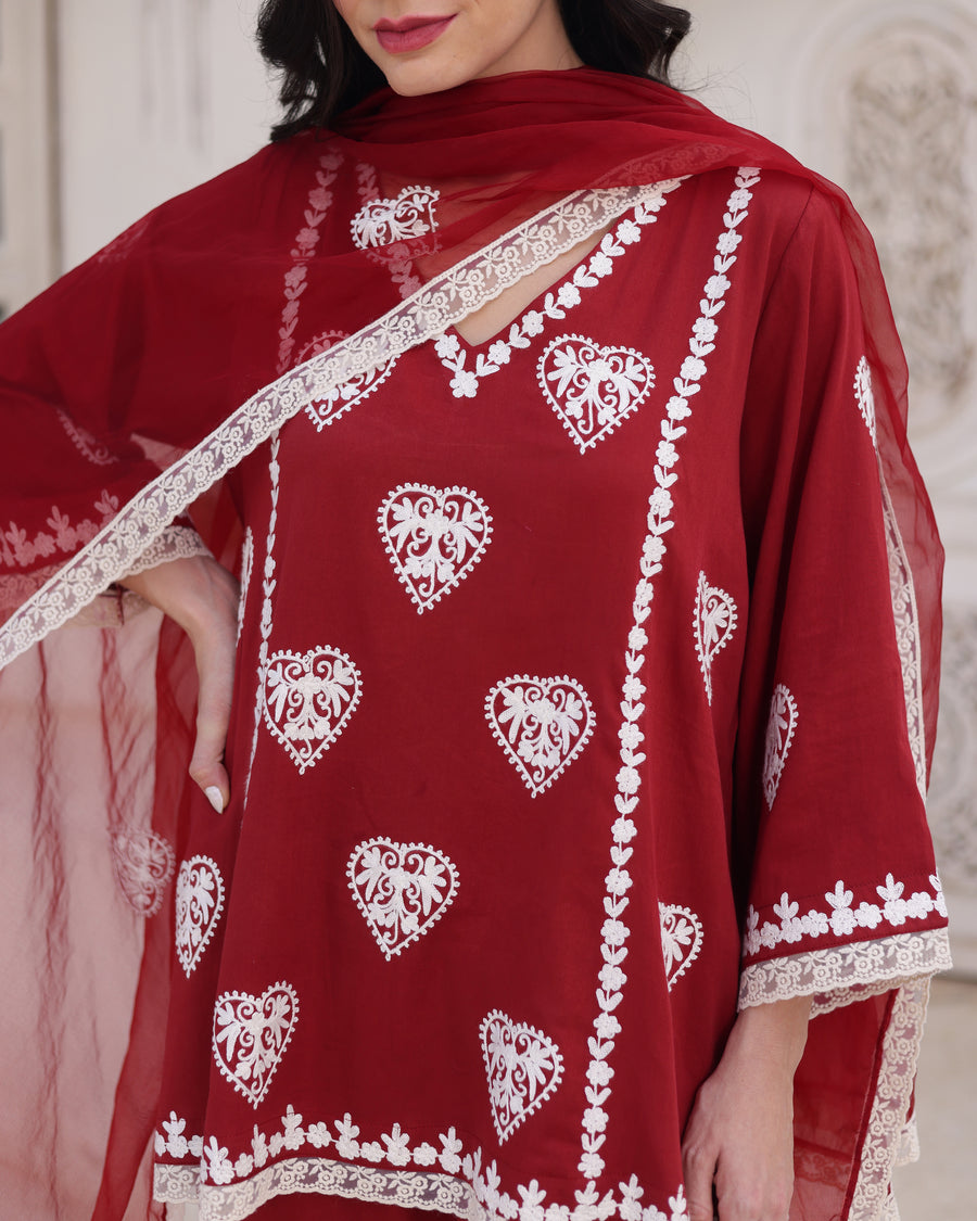Aarzoo Red Cotton Satin Aari Embroidered Kurta Palazzo Set alternate view