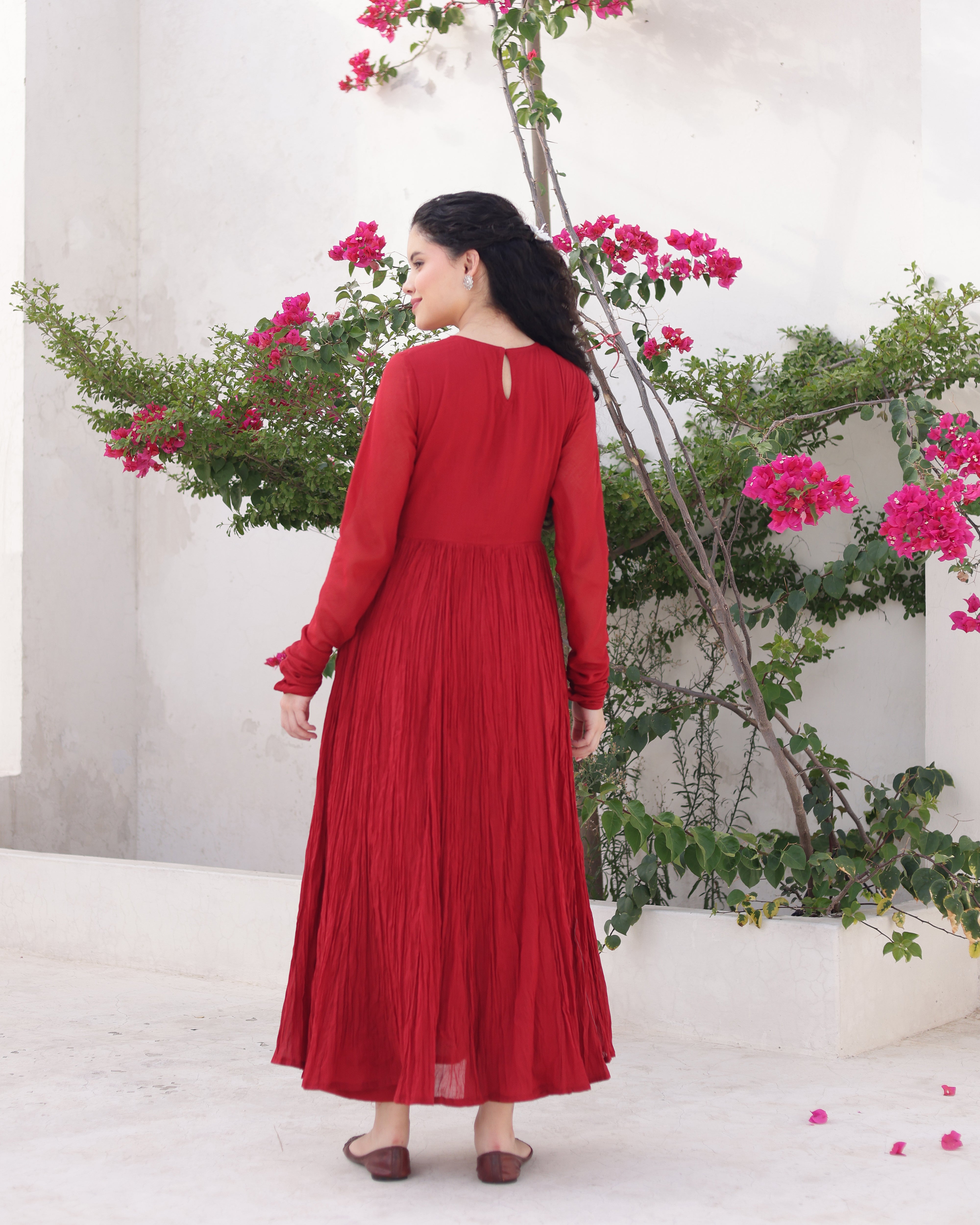 Mehraya Maroon Cotton Mulmul Anarkali Dress with Draped Dupatta