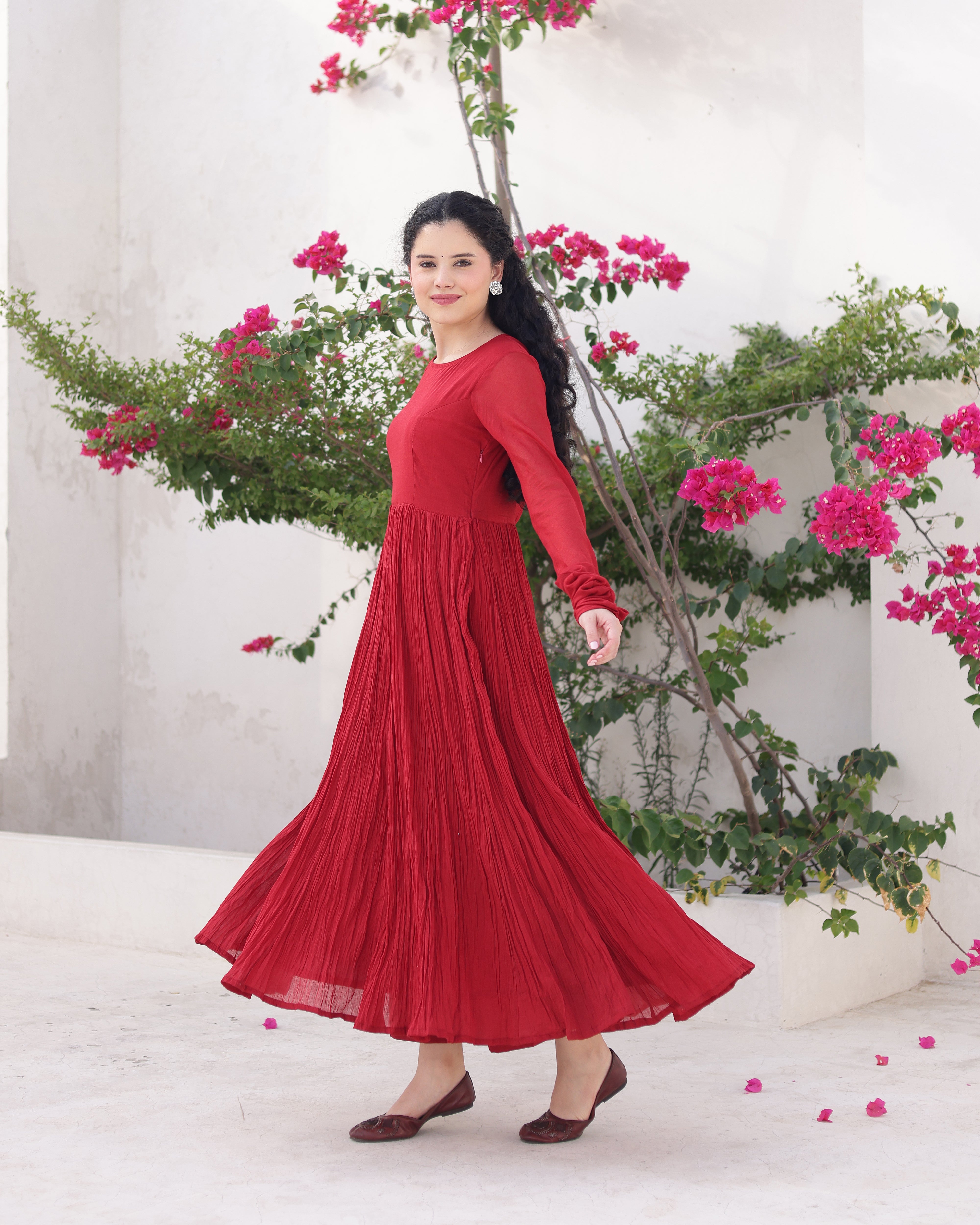 Mehraya Maroon Cotton Mulmul Anarkali Dress with Draped Dupatta