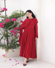 Mehraya Maroon Cotton Mulmul Anarkali Dress with Draped Dupatta