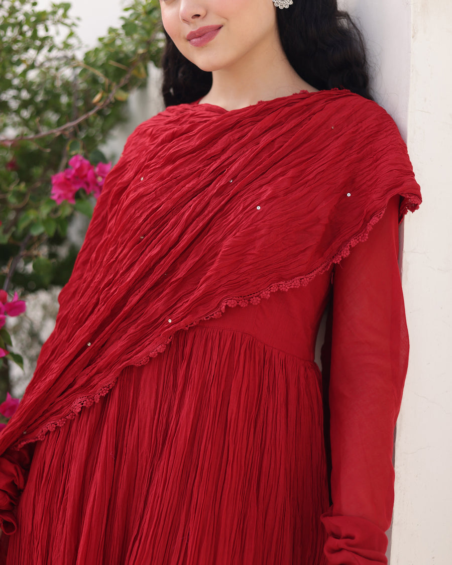 Mehraya Maroon Cotton Mulmul Anarkali Dress with Draped Dupatta alternate view
