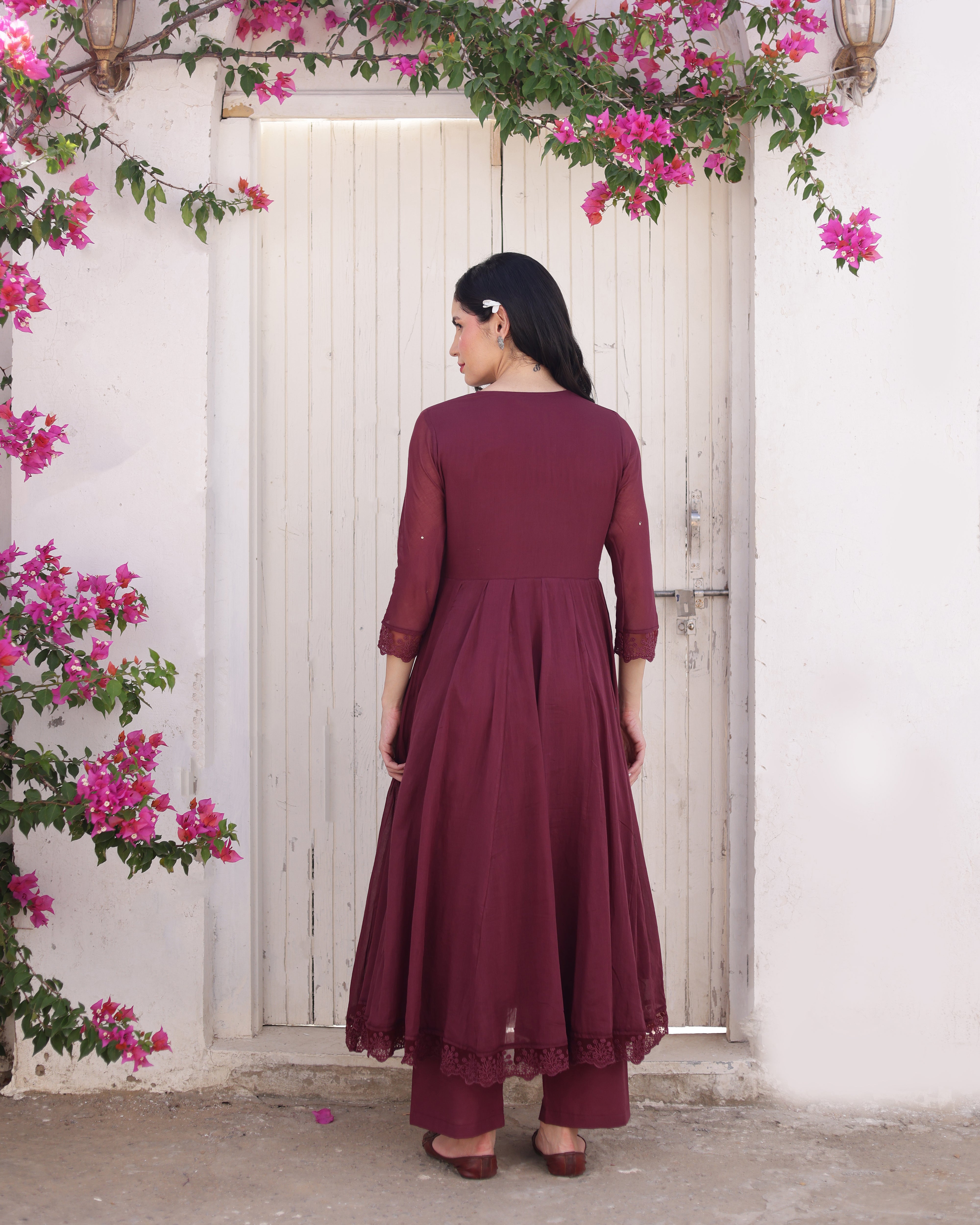 Merlot Wine Cotton Mulmul Taari Embellished Anarkali Suit Set