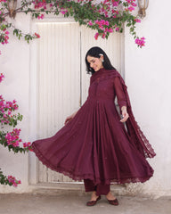 Merlot Wine Cotton Mulmul Taari Embellished Anarkali Suit Set