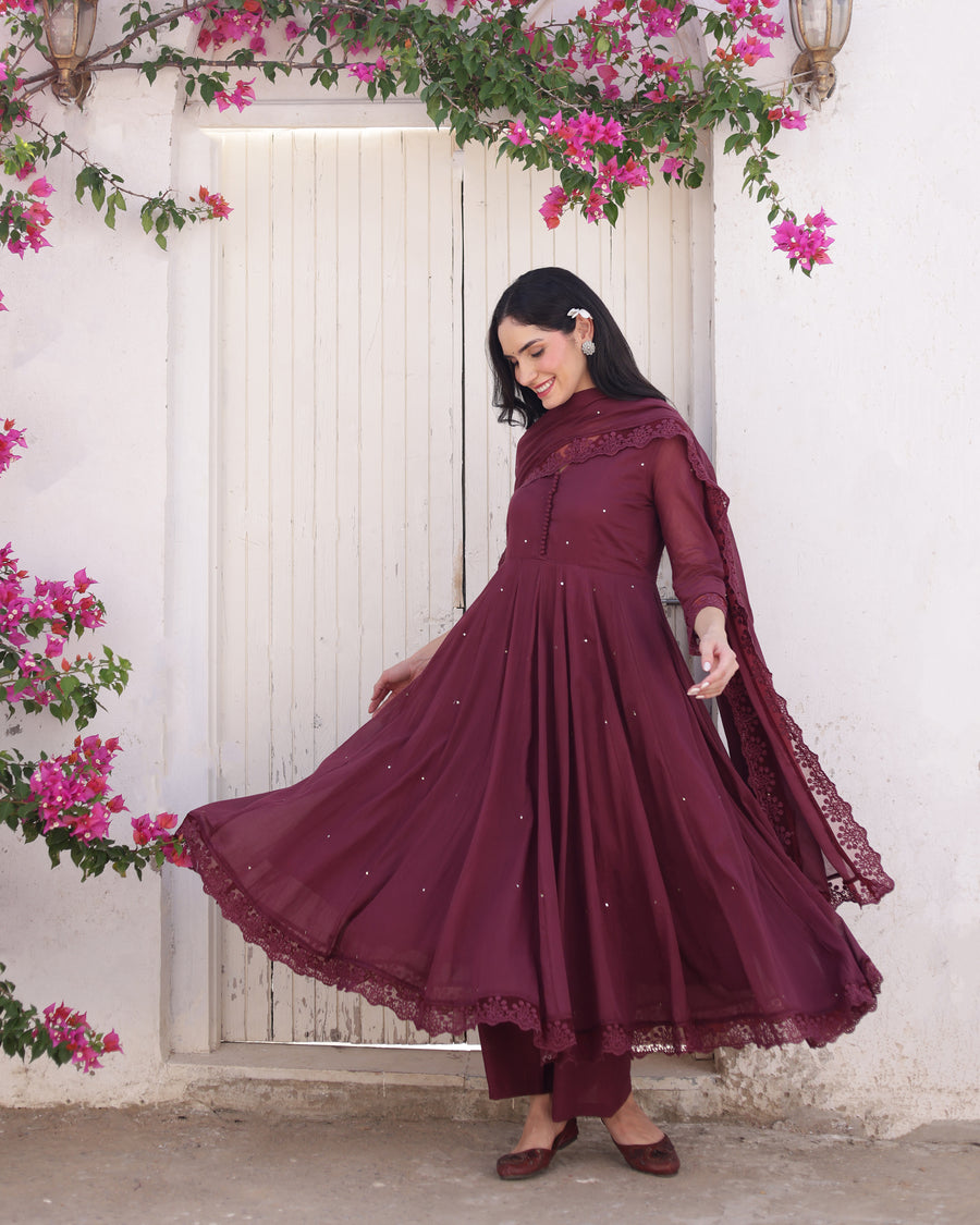Merlot Wine Cotton Mulmul Taari Embellished Anarkali Suit Set
