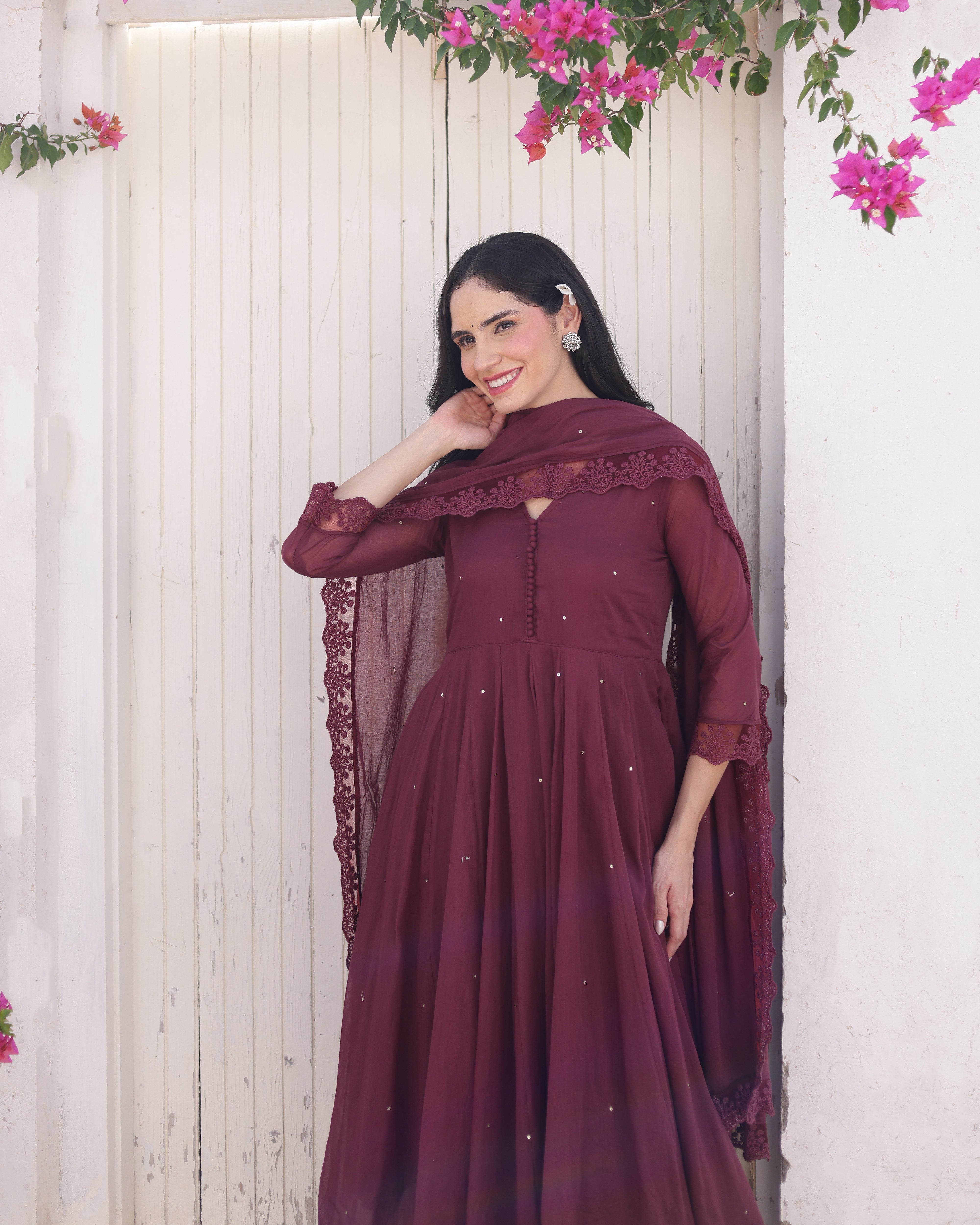 Merlot Wine Cotton Mulmul Taari Embellished Anarkali Suit Set