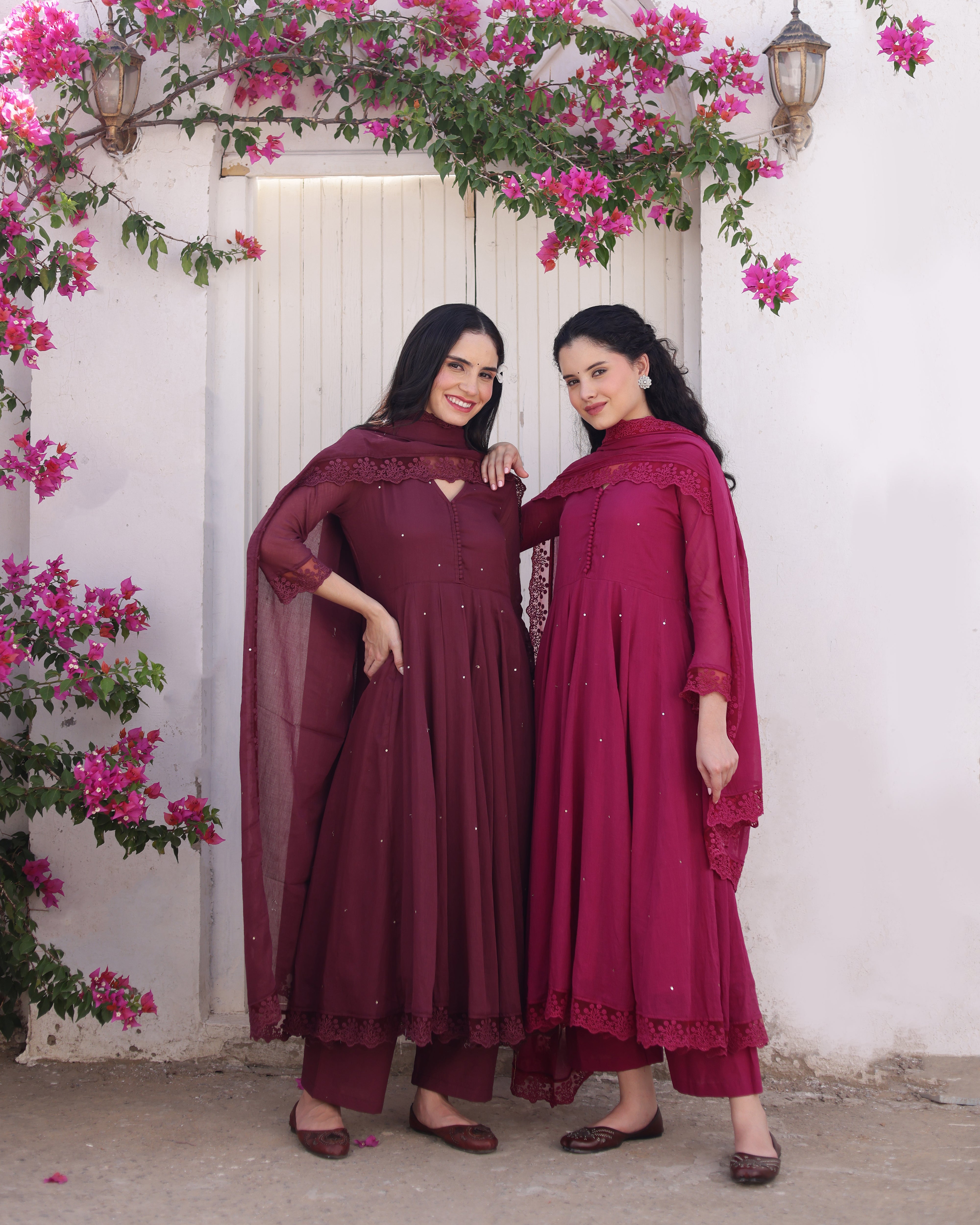 Merlot Wine Cotton Mulmul Taari Embellished Anarkali Suit Set