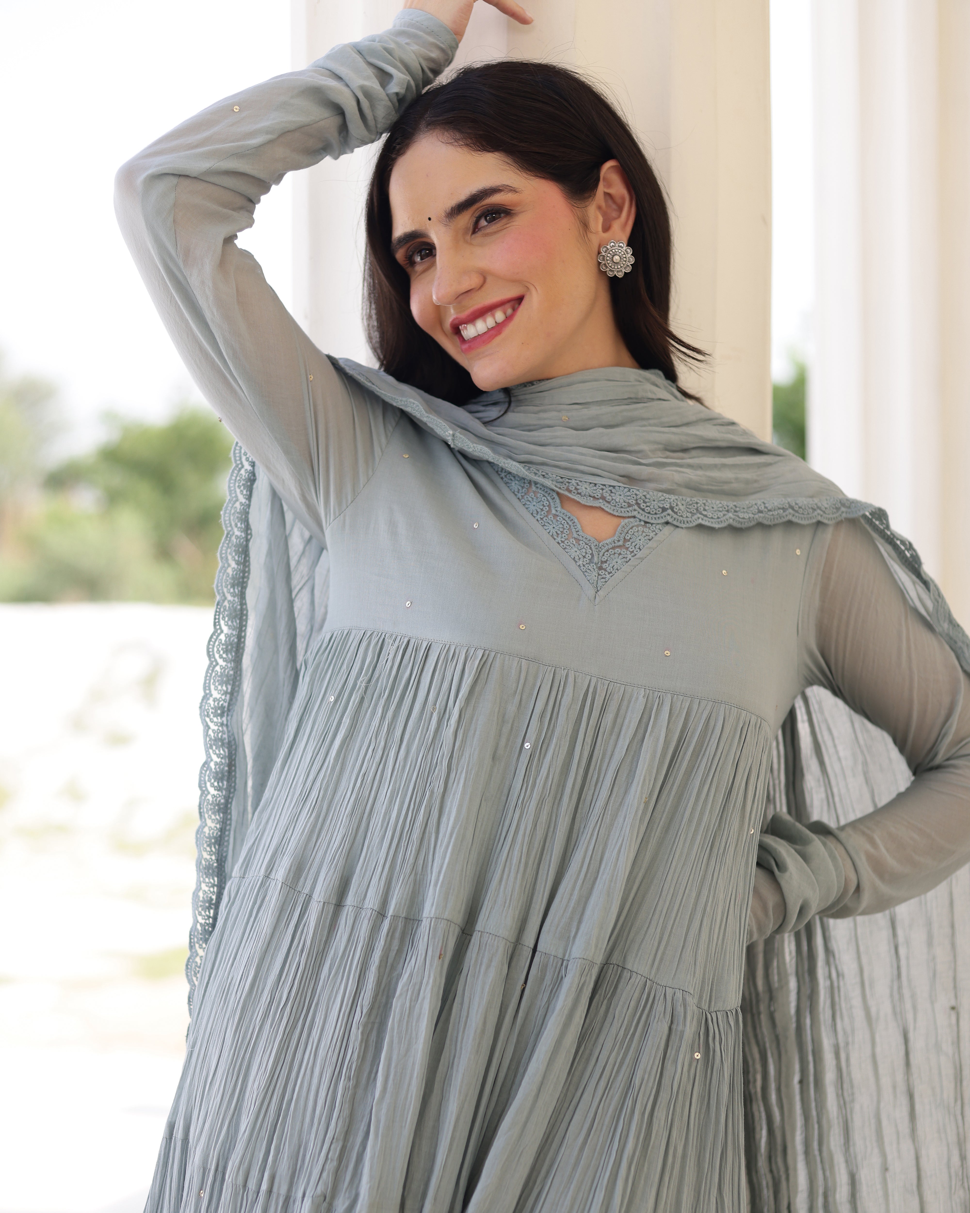 Aster Greyish Blue Cotton Mulmul Taari Embroidered Anarkali Suit Set