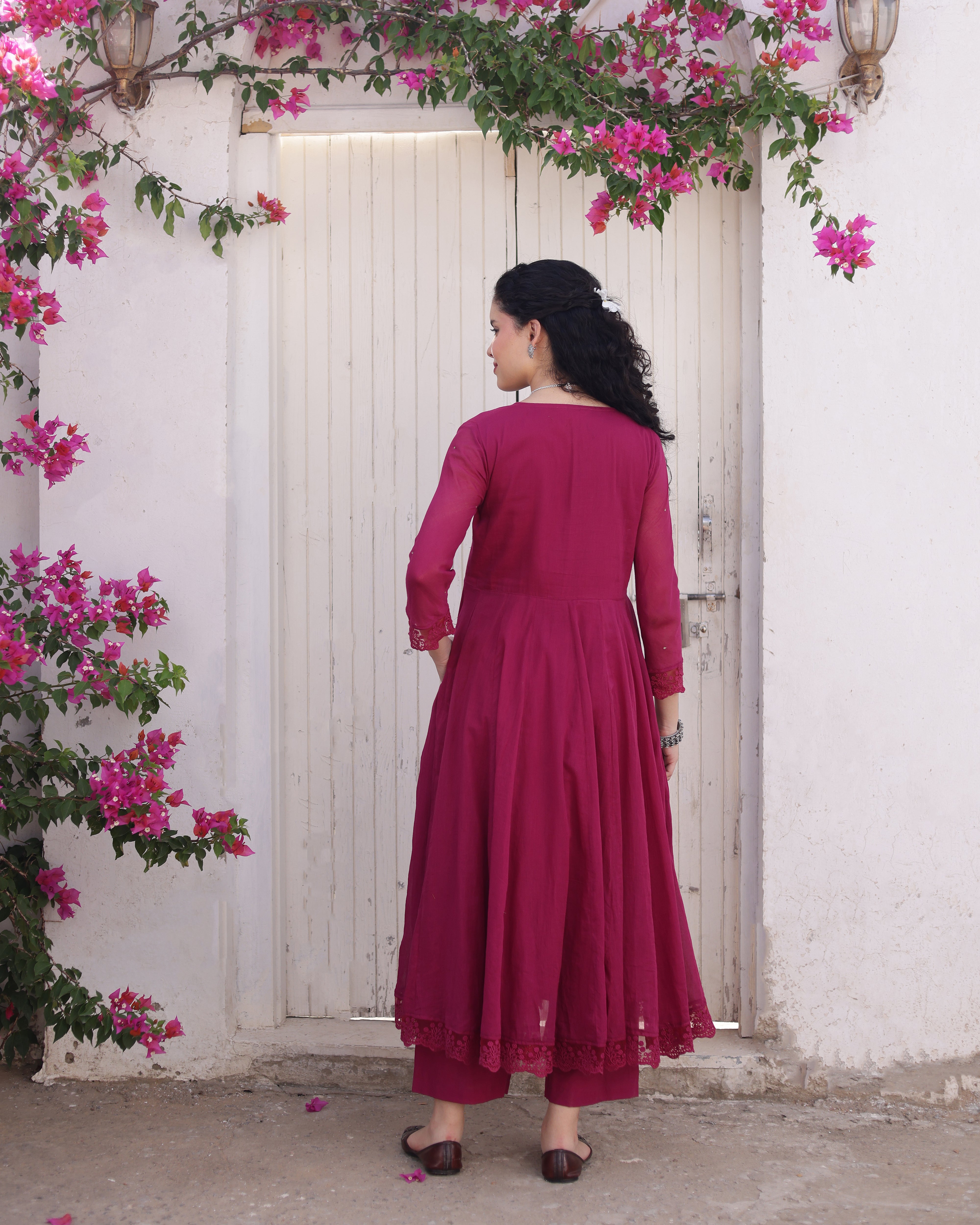 Dahlia Magenta Cotton Mulmul Taari Embroidered Anarkali Suit Set