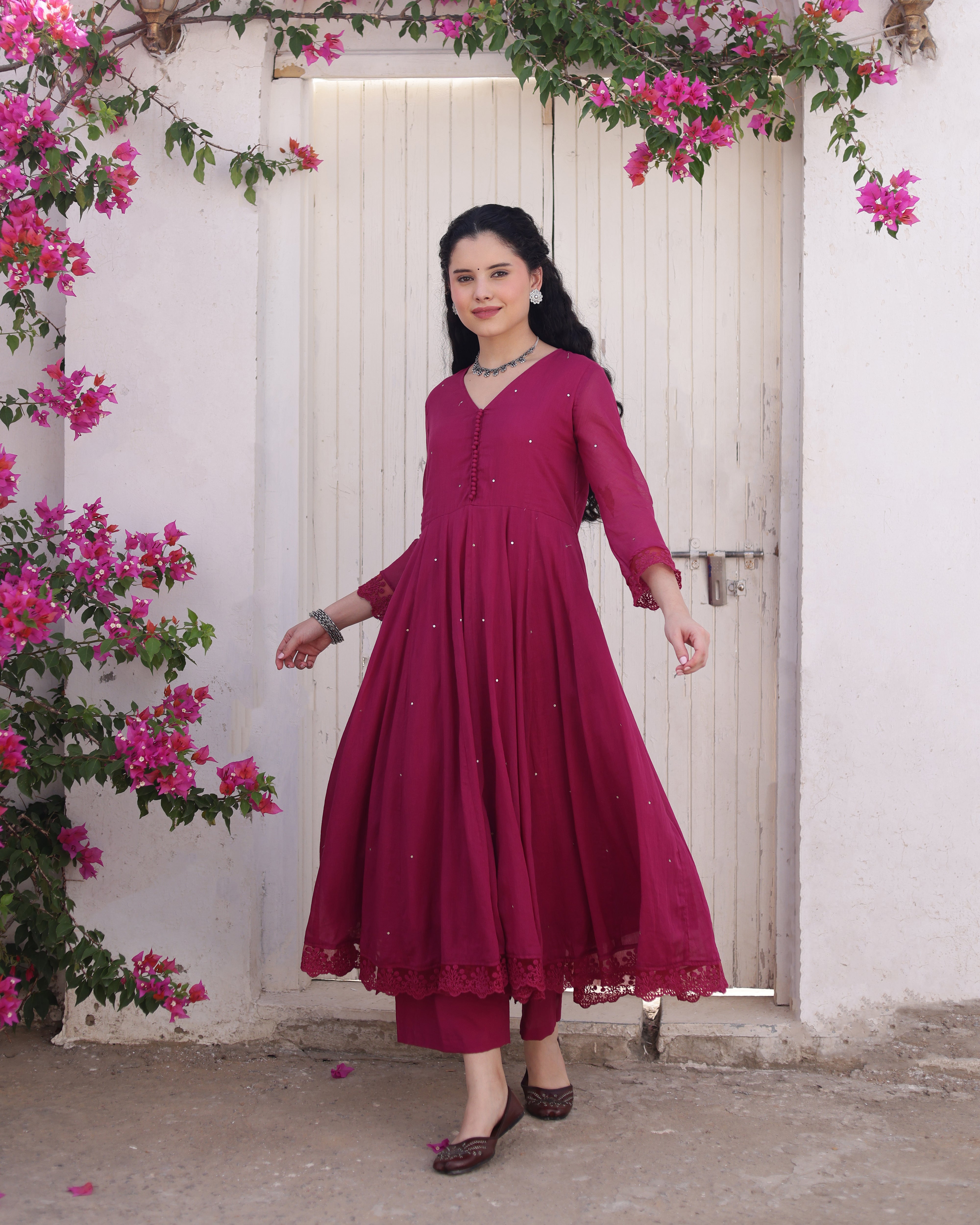 Dahlia Magenta Cotton Mulmul Taari Embroidered Anarkali Suit Set
