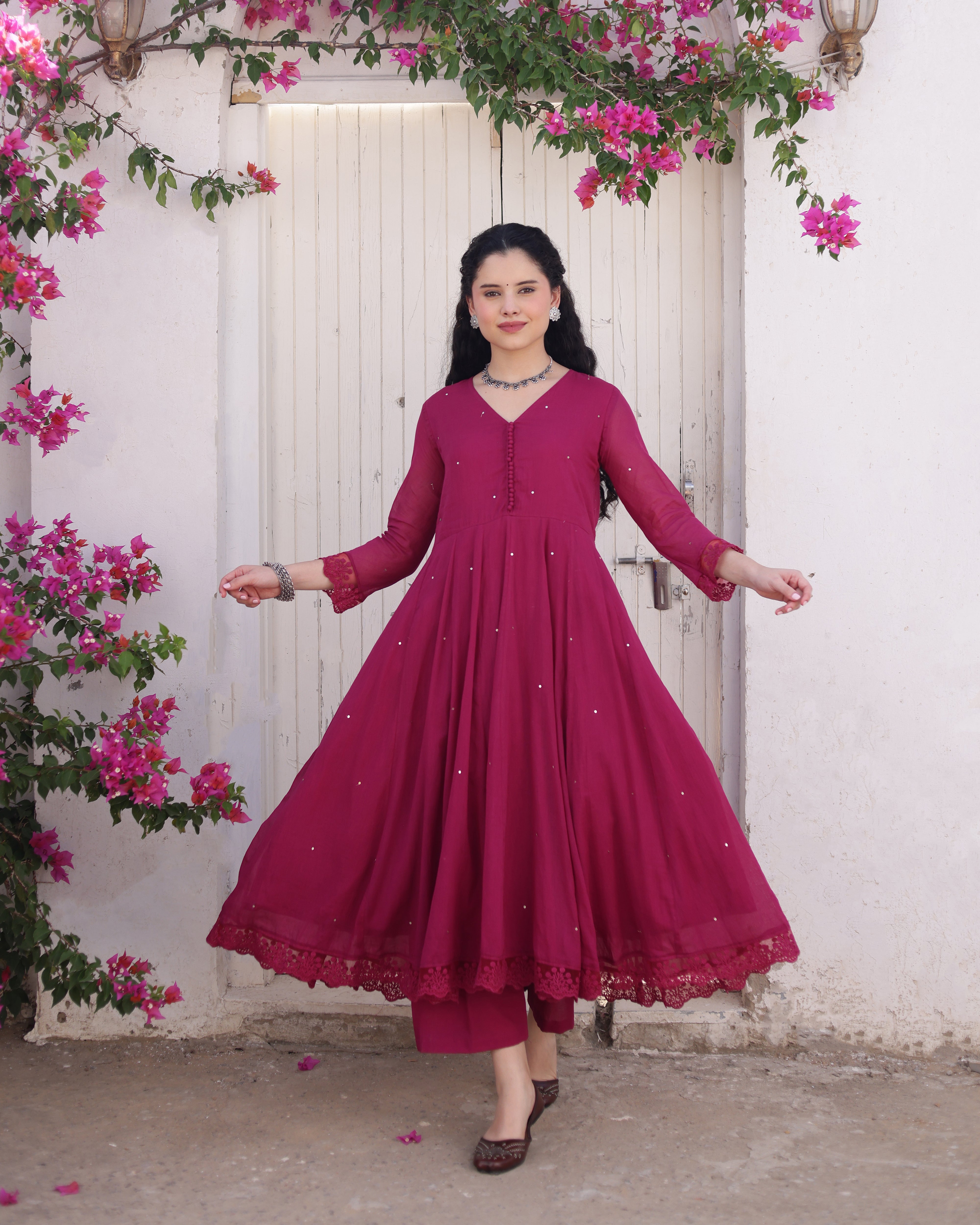 Dahlia Magenta Cotton Mulmul Taari Embroidered Anarkali Suit Set