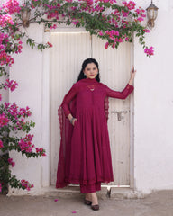 Dahlia Magenta Cotton Mulmul Taari Embroidered Anarkali Suit Set