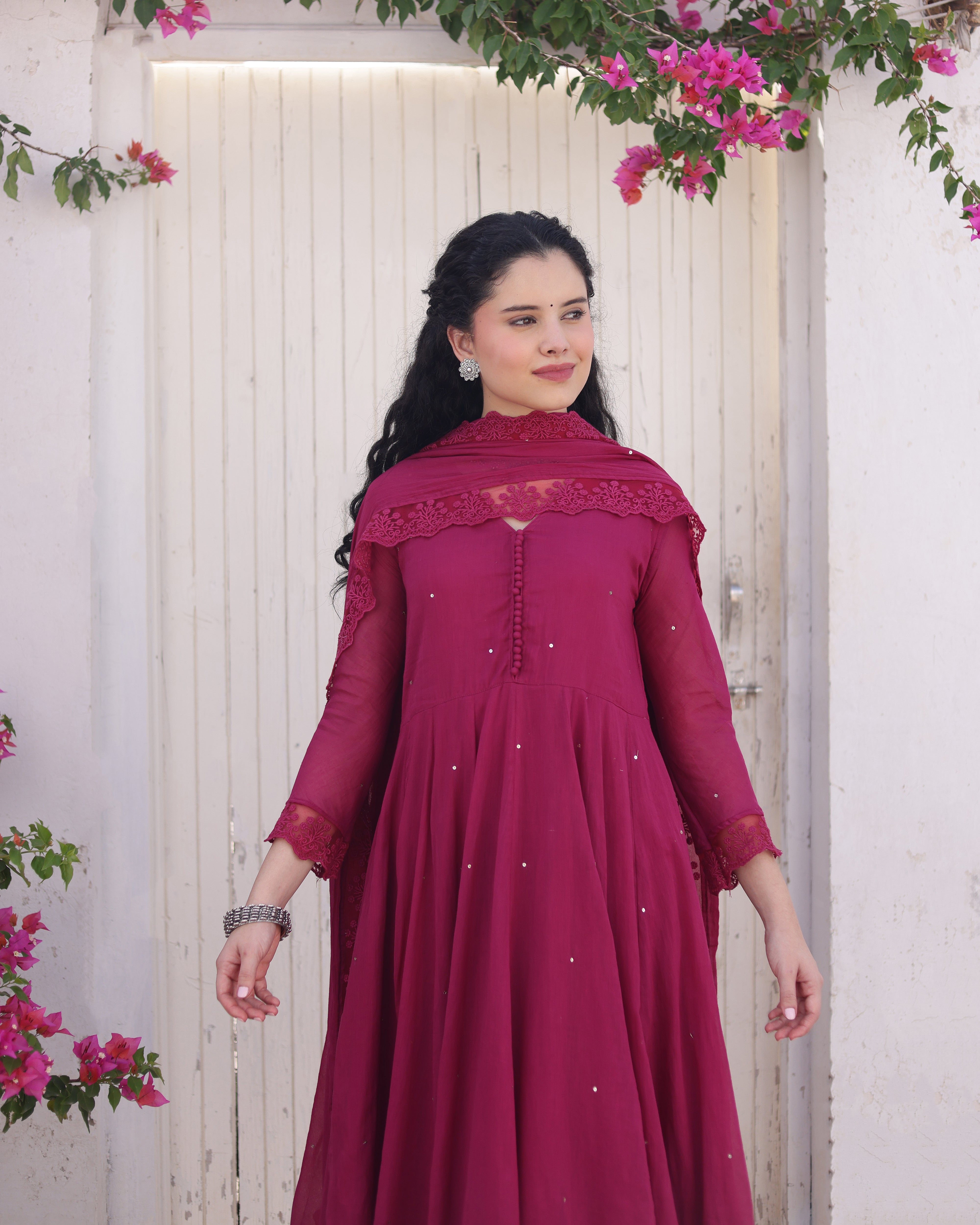 Dahlia Magenta Cotton Mulmul Taari Embroidered Anarkali Suit Set