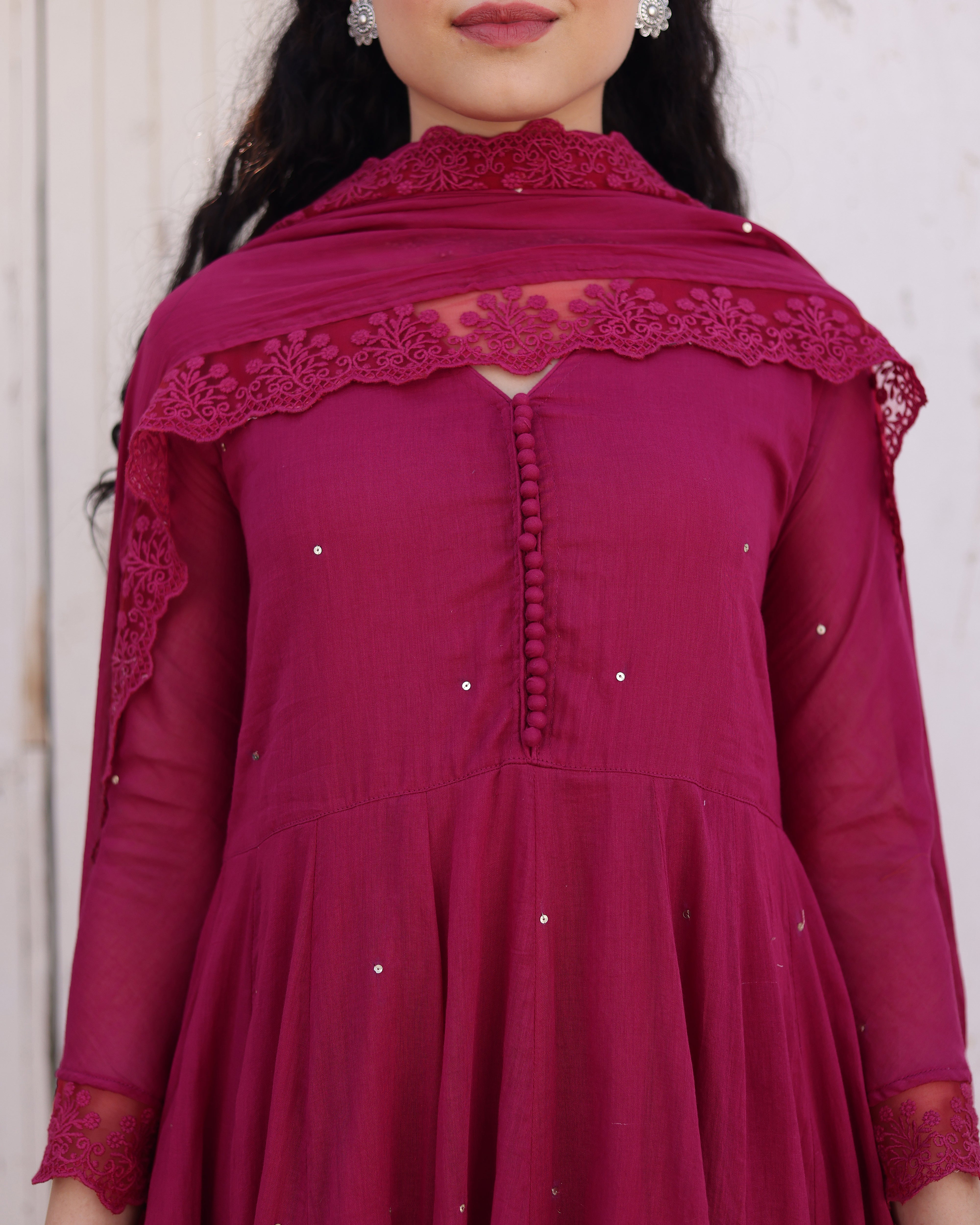 Dahlia Magenta Cotton Mulmul Taari Embroidered Anarkali Suit Set