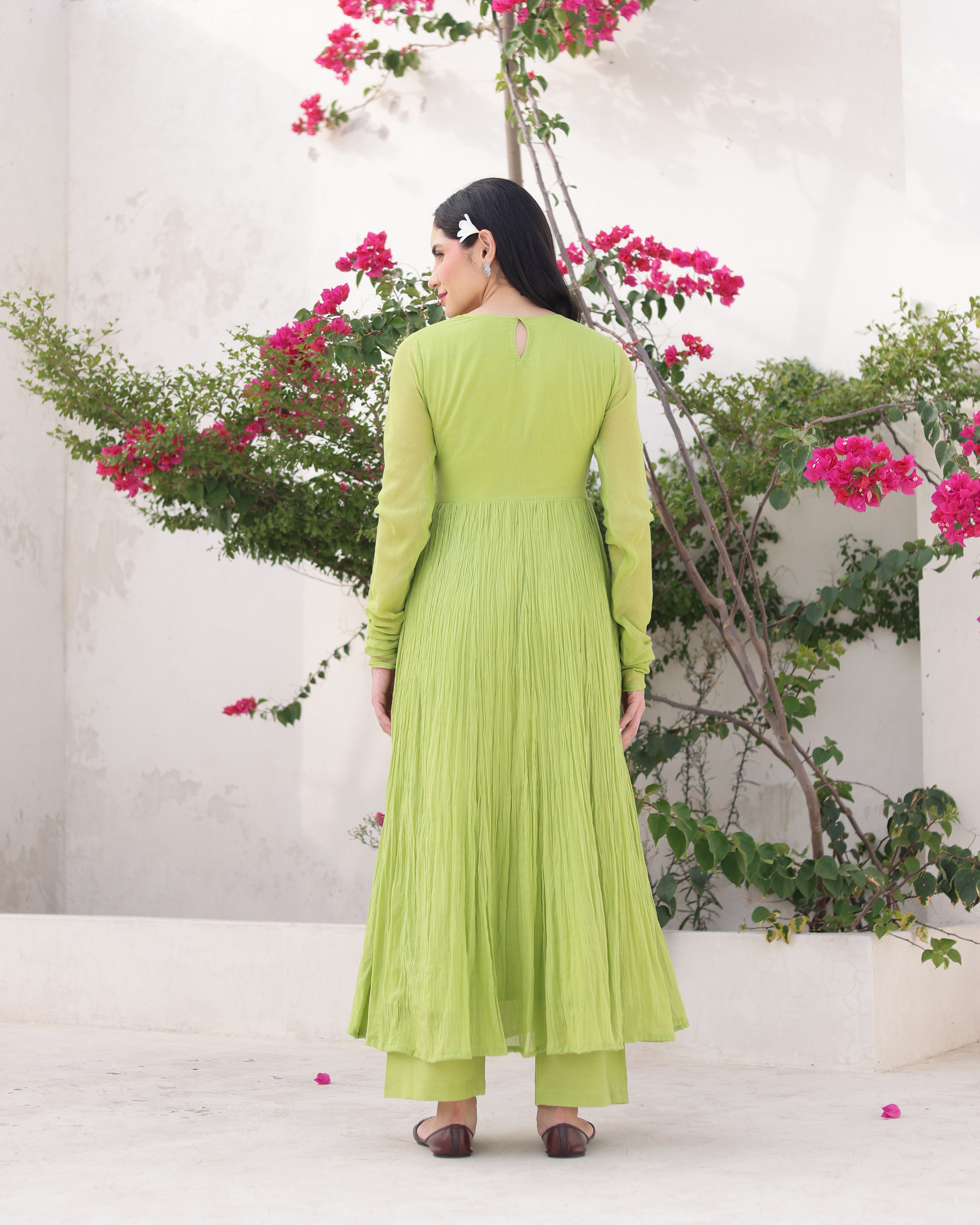 Zamrud Pistachio Green Cotton Mulmul Anarkali Set with Draped Dupatta