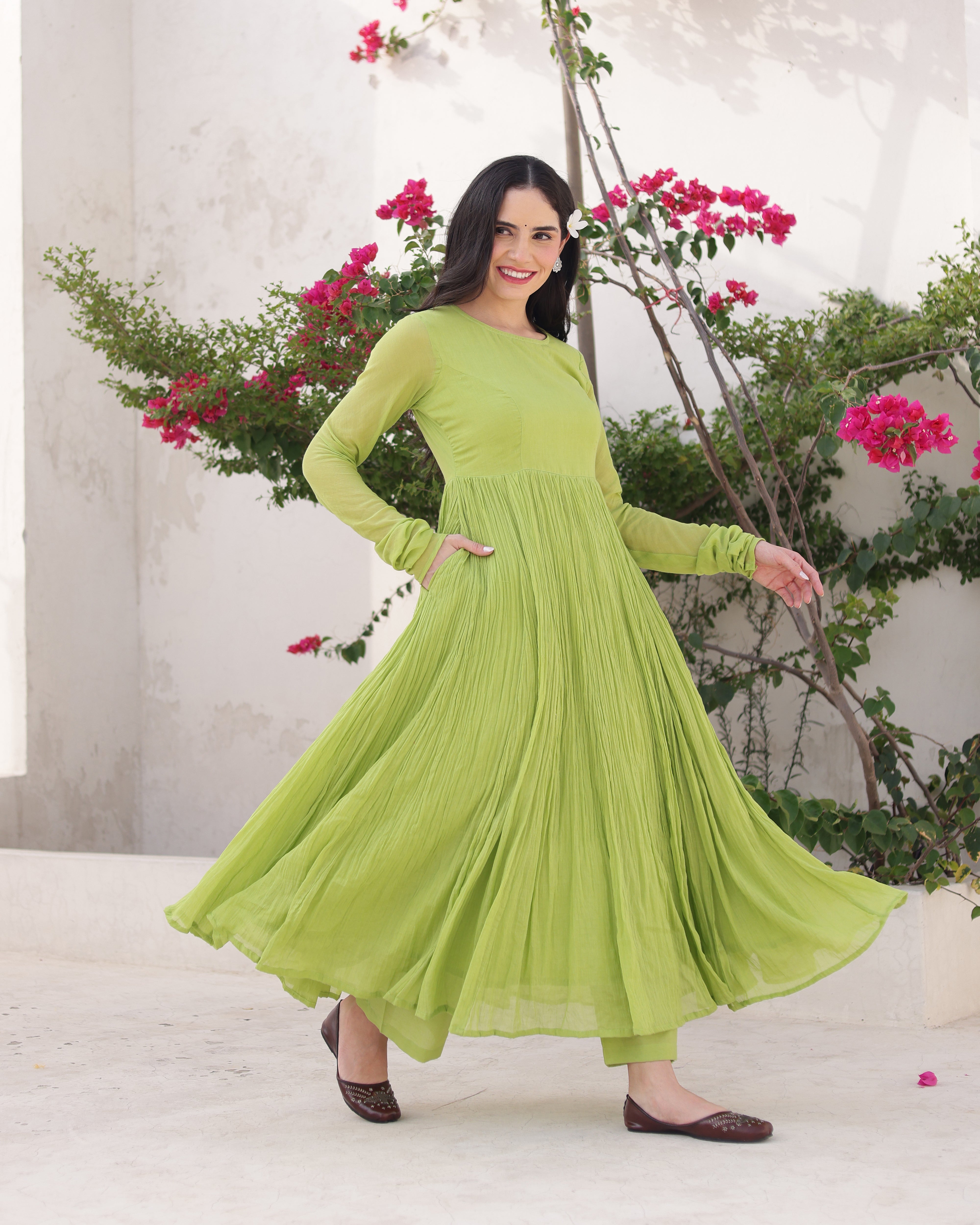 Zamrud Pistachio Green Cotton Mulmul Anarkali Set with Draped Dupatta