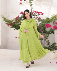 Zamrud Pistachio Green Cotton Mulmul Anarkali Set with Draped Dupatta