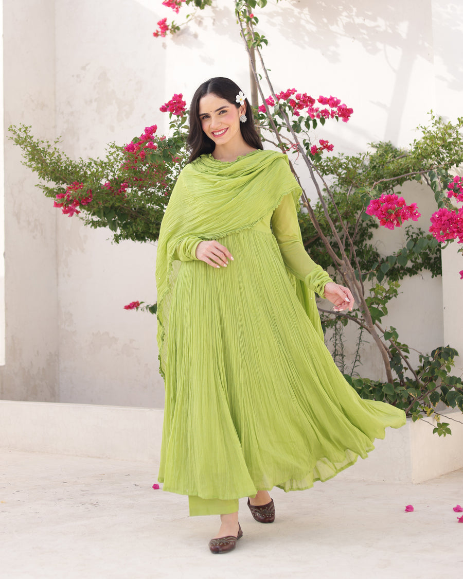 Zamrud Pistachio Green Cotton Mulmul Anarkali Set with Draped Dupatta